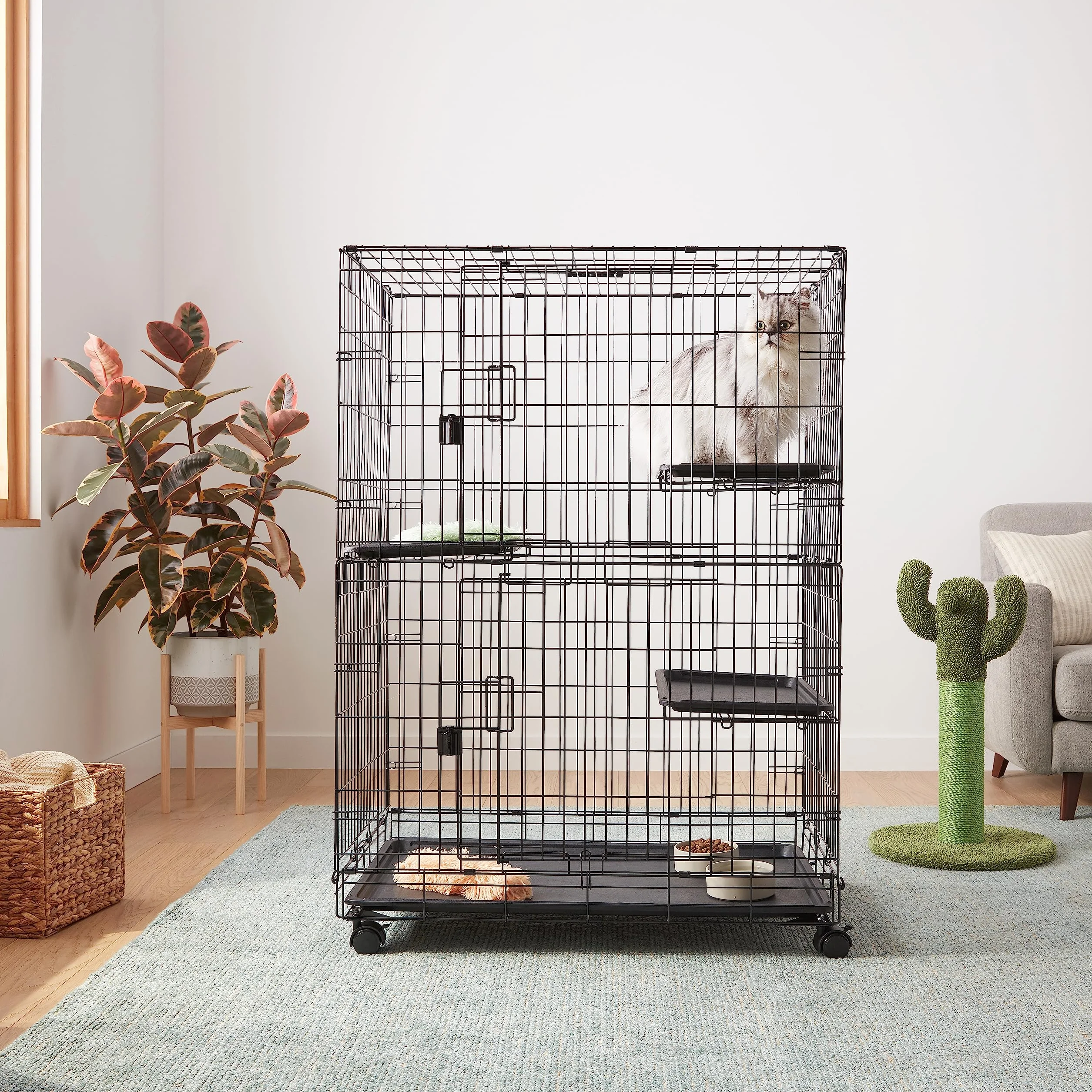 Amazon Basics Gabbia grande per gatti, con 3 ripiani, Pieghevole, Sicuro, Nero, L 91 x P 57 x H 129 cm