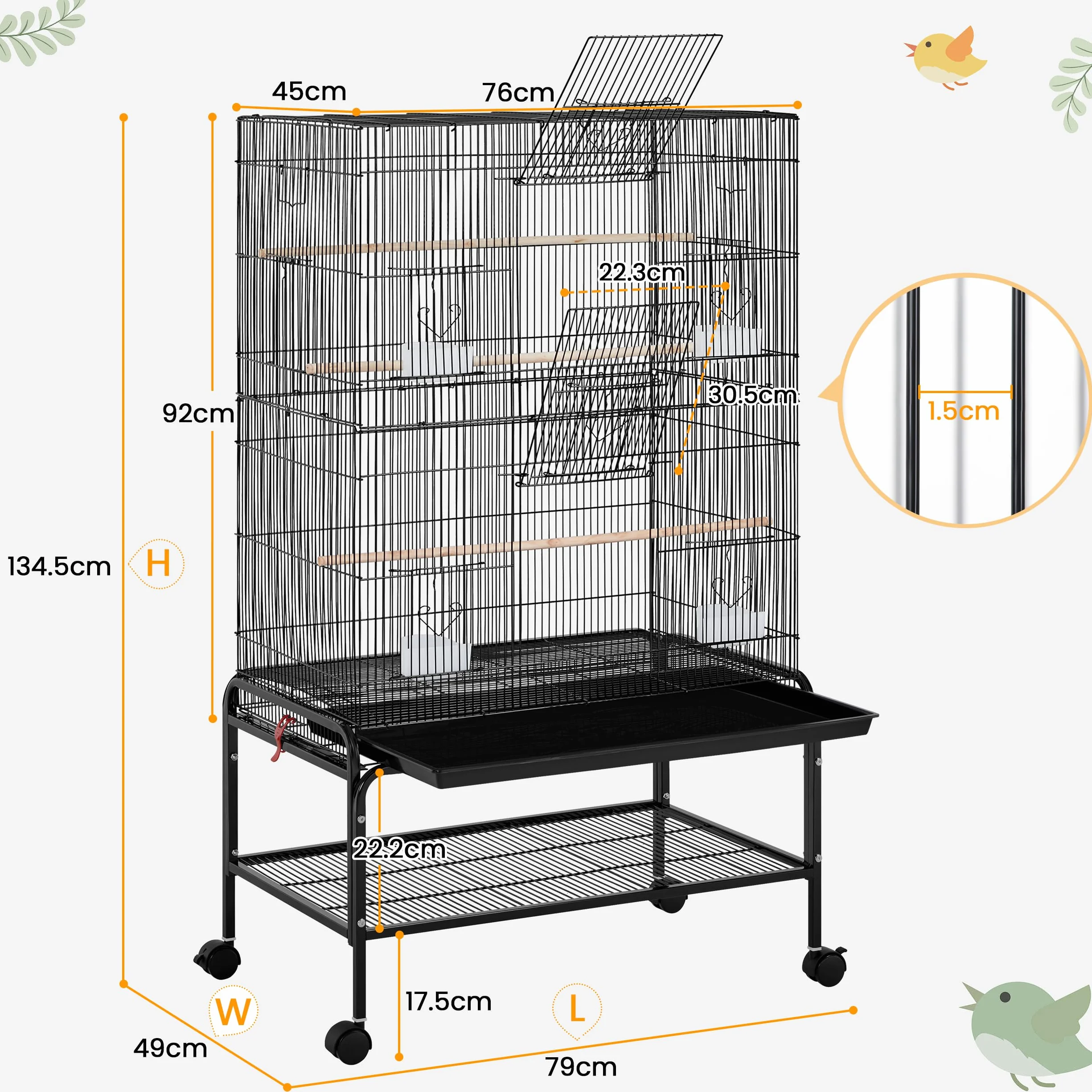 Yaheetech Gabbia per Uccelli Pappagalli Inseparabili Calopsite Grande con Piedistallo Staccabile in Metallo da Interno Esterno Nero 79 x 49 x 134,5 cm