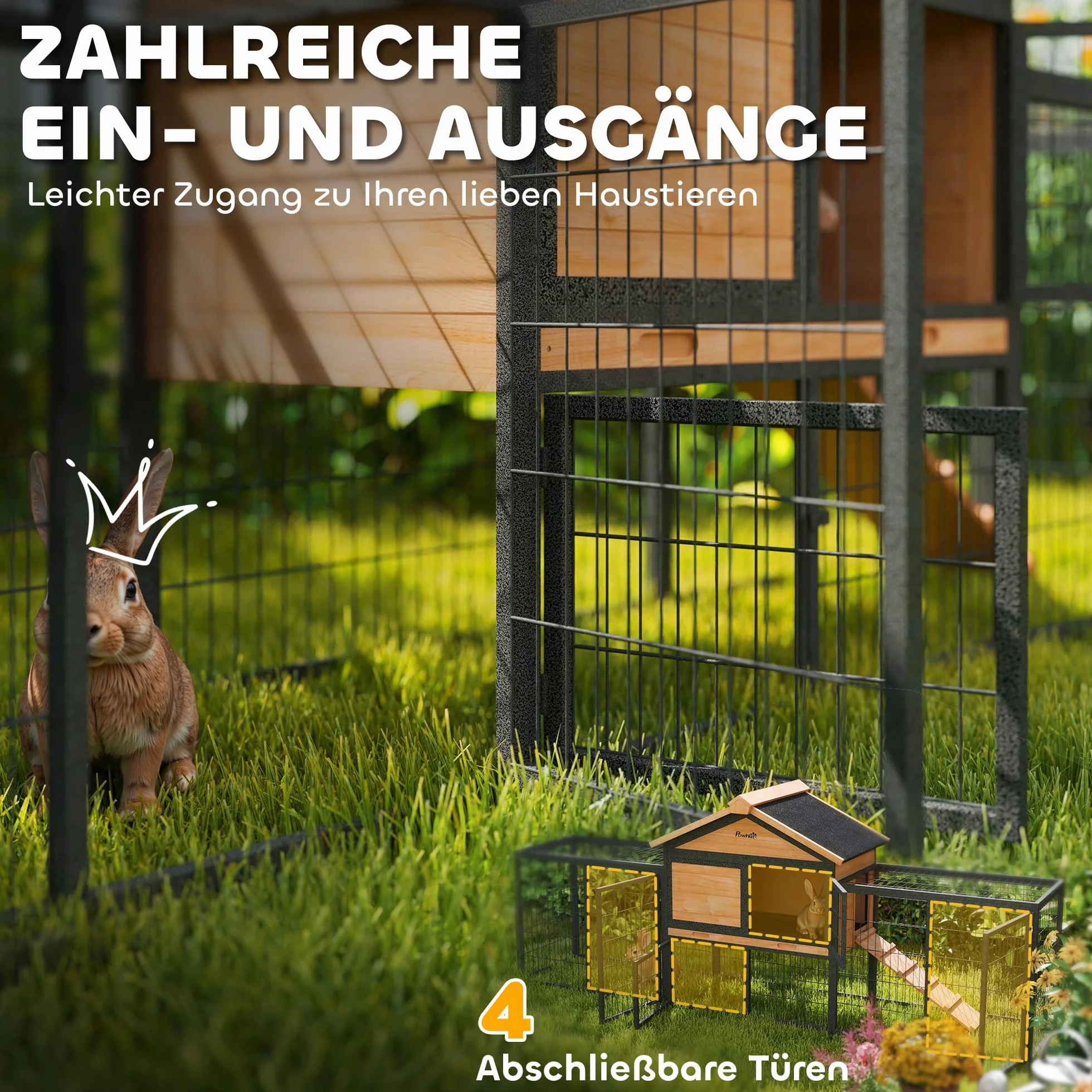 PawHut conigliera a 2 livelli con tetto a capanna in legno massiccio conigliera invernale a doppio piano con recinto per animali liberi 217x53x86 cm gabbia per conigli all'aperto conigliera per
