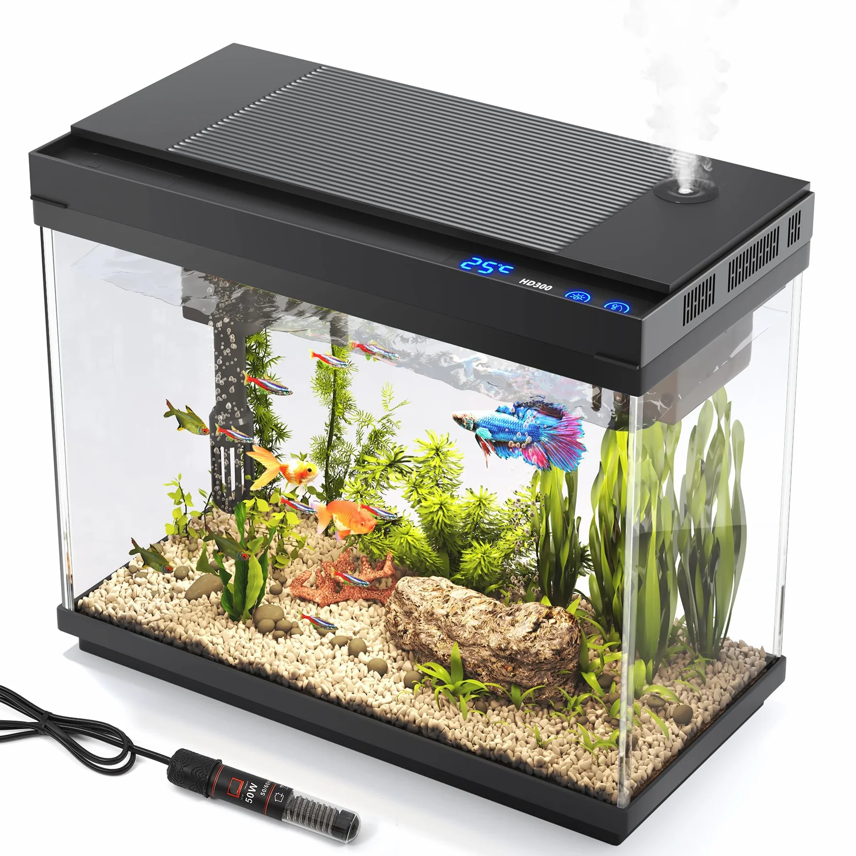 Vehipa Acquario da 9 Litri con Riscaldatore, Pompa Silenziosa 3 in 1 con Filtraggio, Ossigenazione e Eircolazione, Luce con Timer a 7 Colori, Display Della Temperatura, Umidificatore