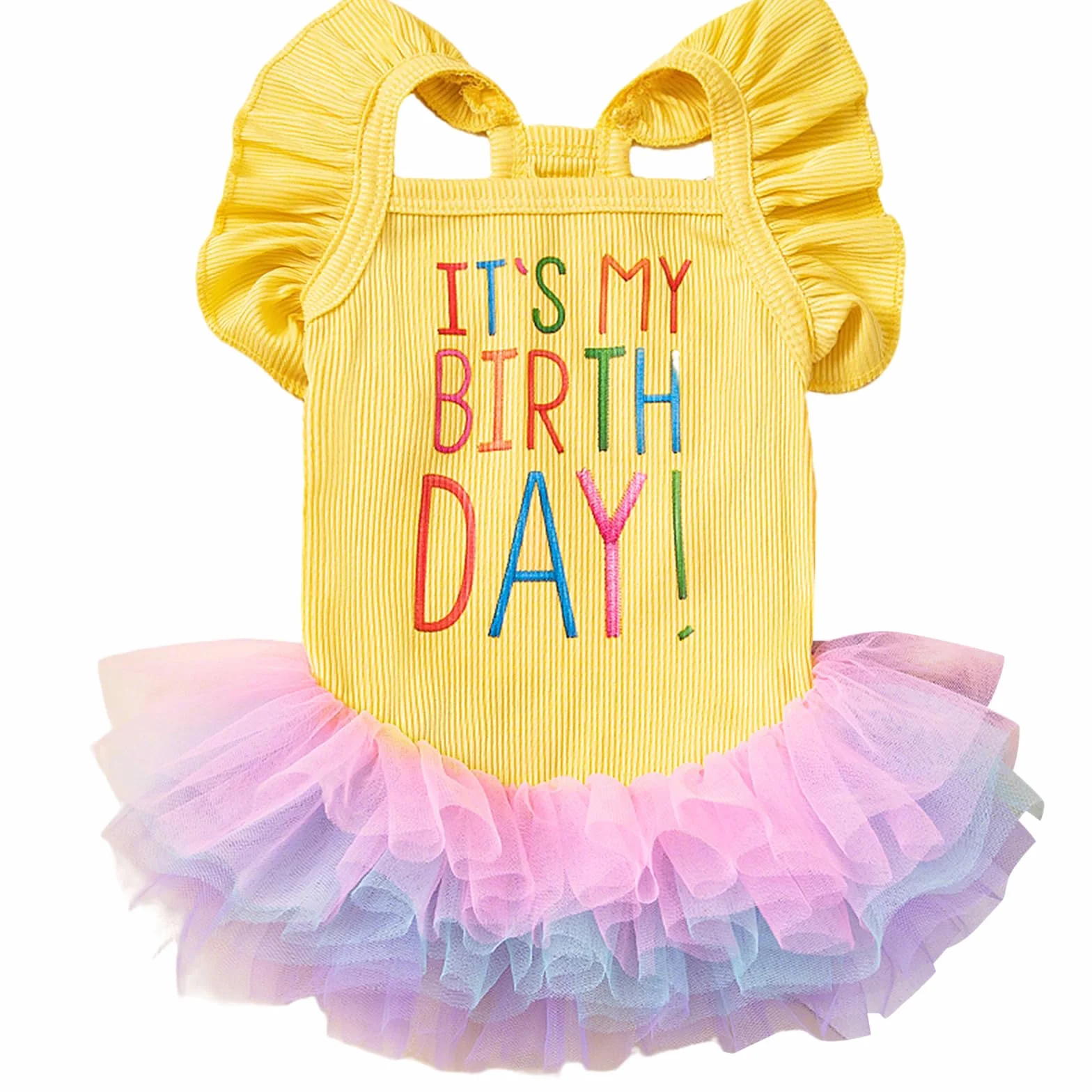 Abito per cani Compleanno Tutù Senza Maniche Volant Gonna Tulle Pizzo Giallo XS 1.8-3kg