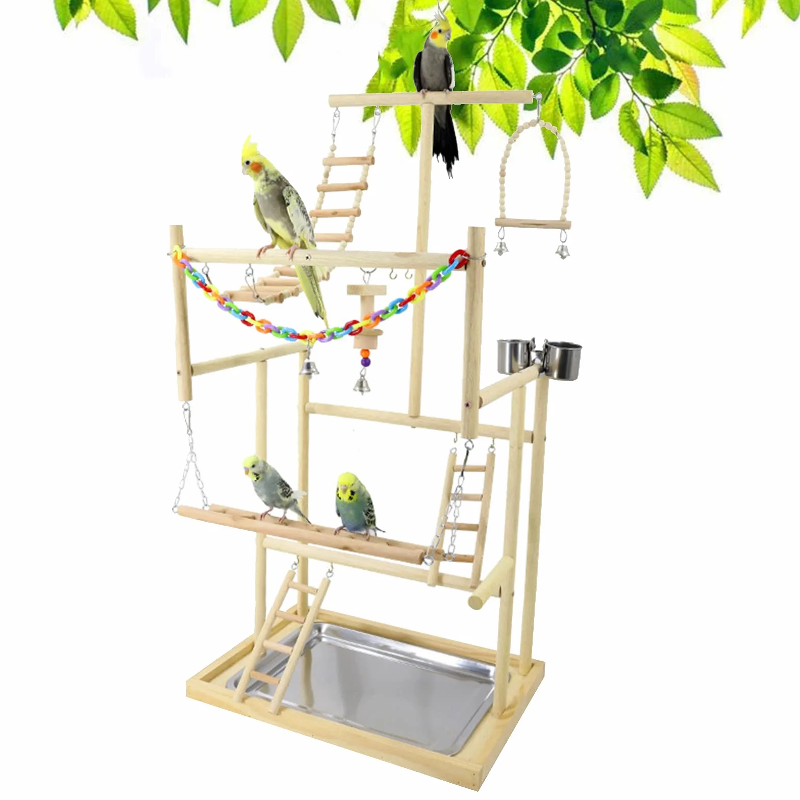 Joyeee Parco giochi per pappagalli XL 48 x 33 x 94,5 cm vassoio in acciaio inox altalena in legno