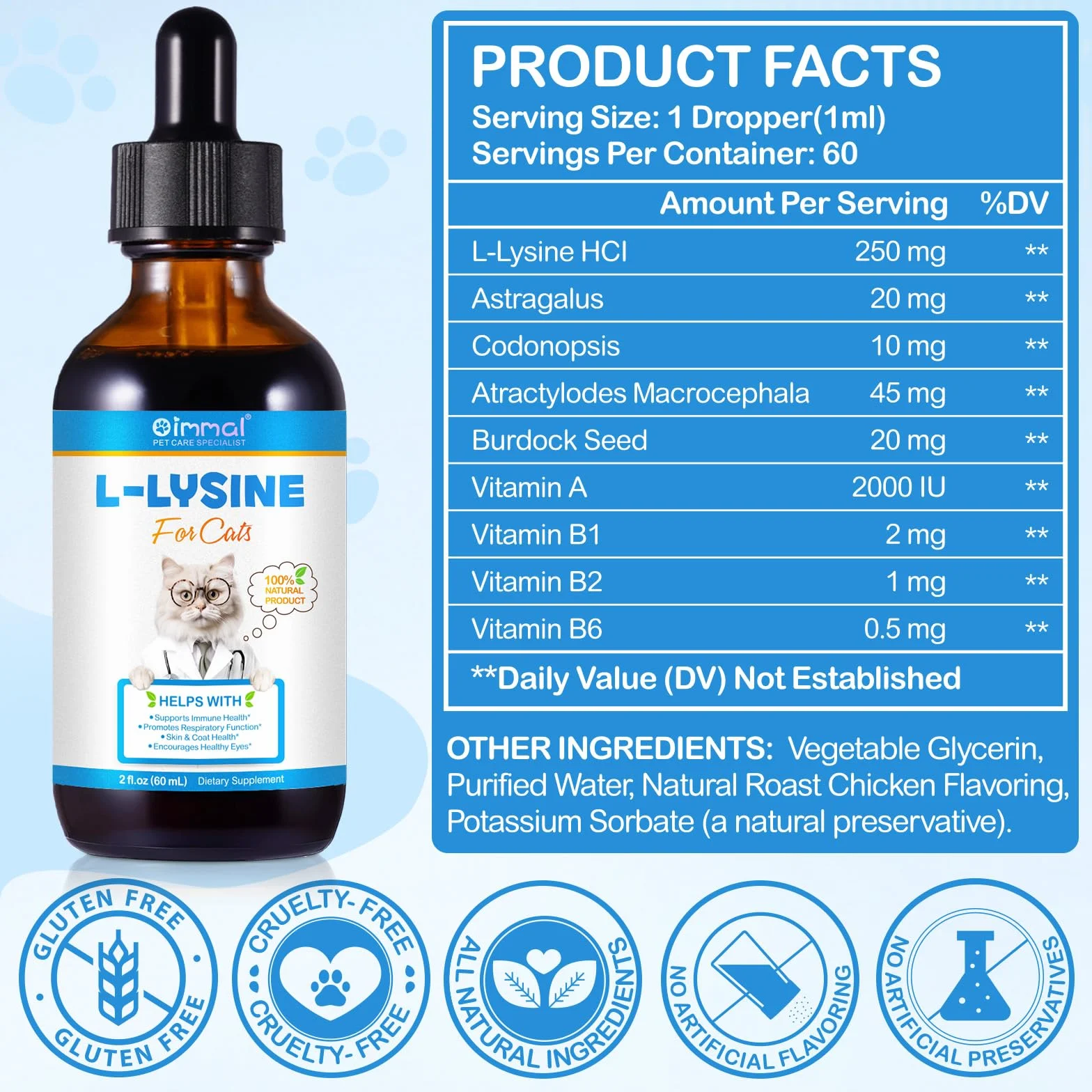 Lysin Cat - Gocce L-lisina per gatti, Supporta la salute del sistema immunitario, Allevia le allergie, favorisce la funzione respiratoria, mantiene la salute della pelle e del pelo 60 ml