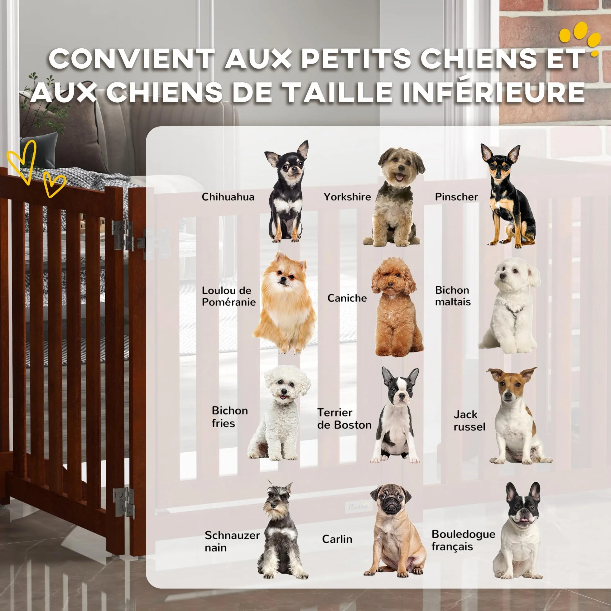 PawHut Recinto per cani in legno bifacciale pieghevole e autoportante, recinto per cani da interno a 4 pannelli con porta, con piedini di sostegno, per animali domestici, 205 x 60 cm, marrone