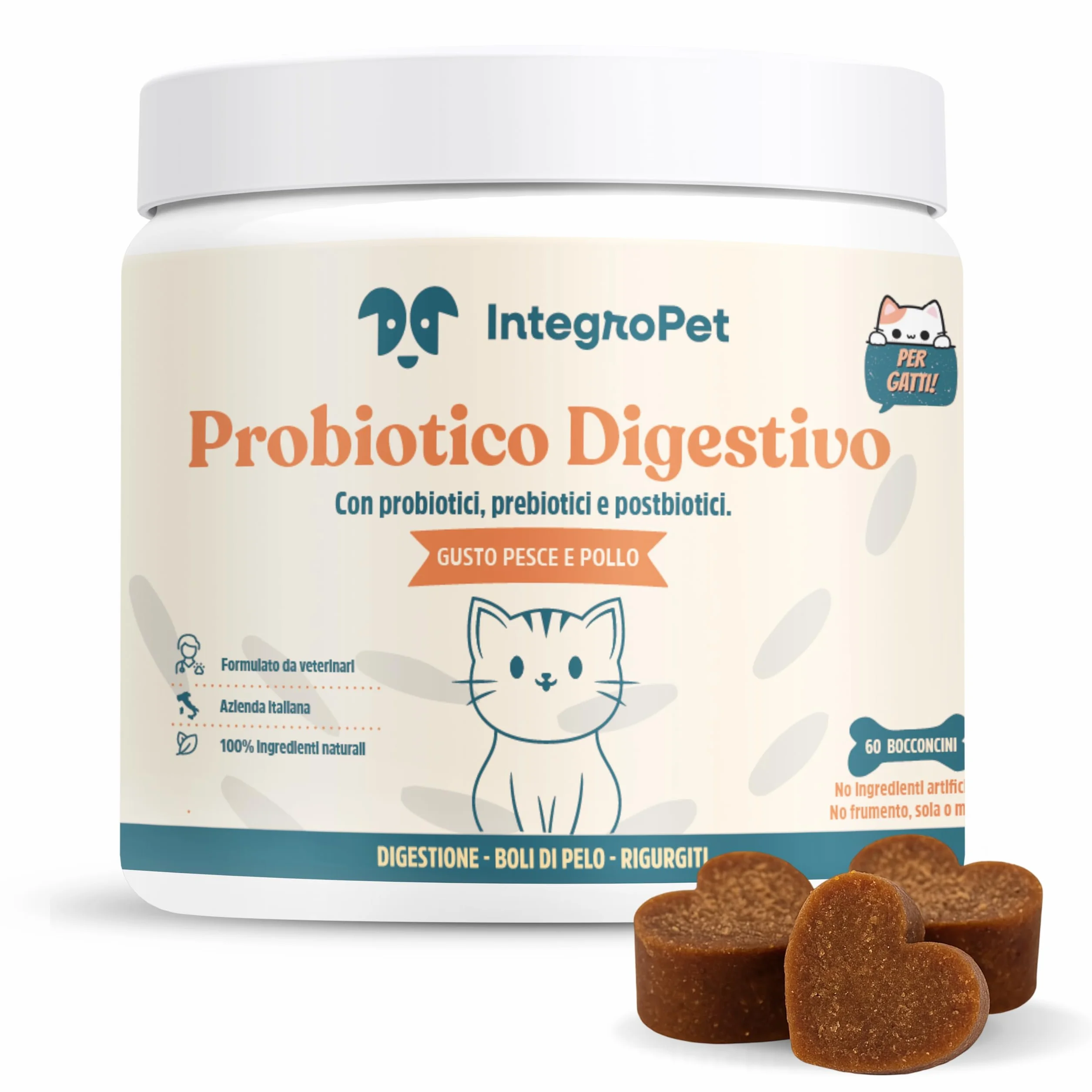 Probiotici Per Gatti Digestivo Naturale Gusto Pollo e Pesce - Integratori per Gatti Contro Diarrea, Vomito e Boli di Pelo
