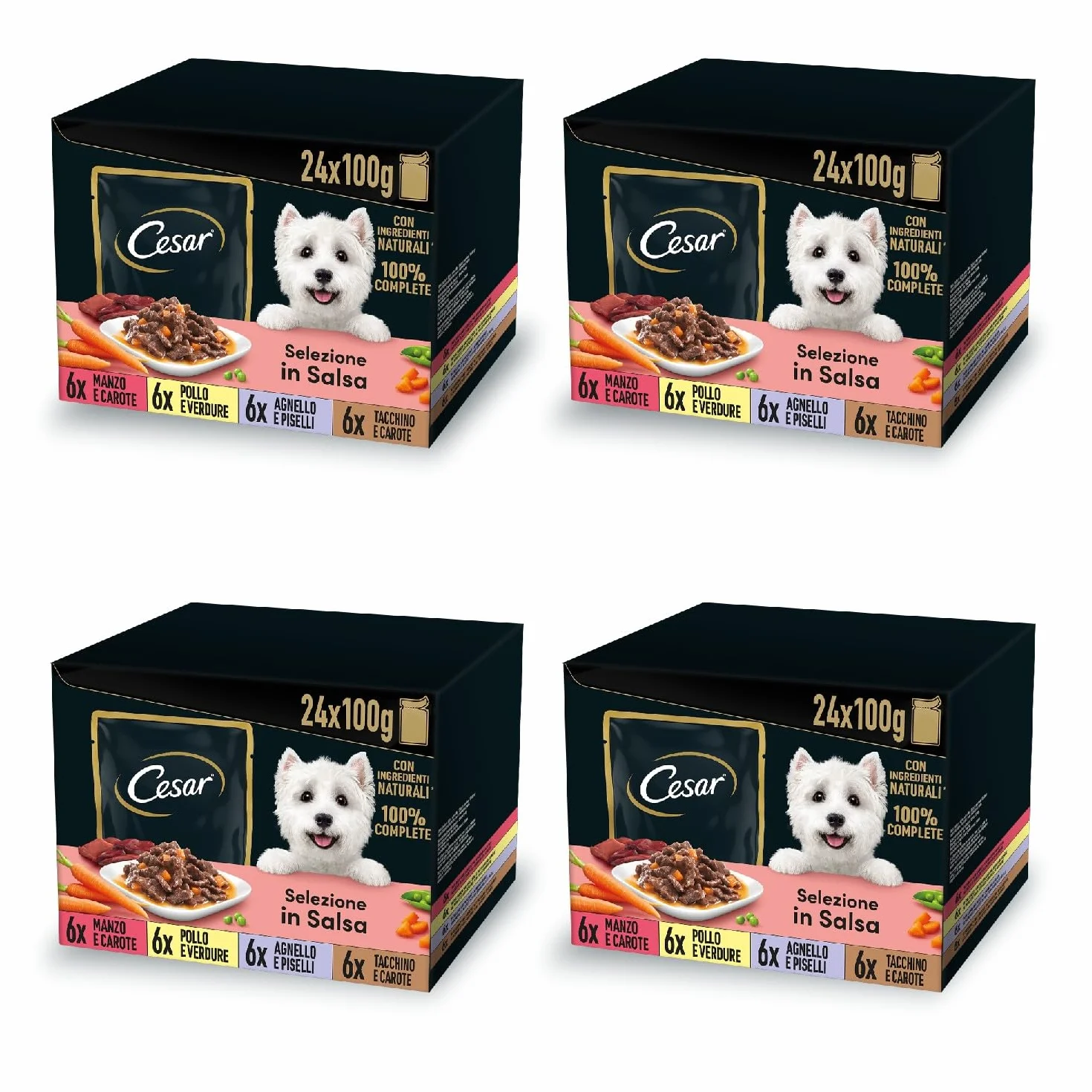 Cesar Selezione in Salsa, Cibo Umido per Cani, Gusti Assortiti con Carne e Verdure, 96 Bustine da 100 g, Totale 9.6 kg