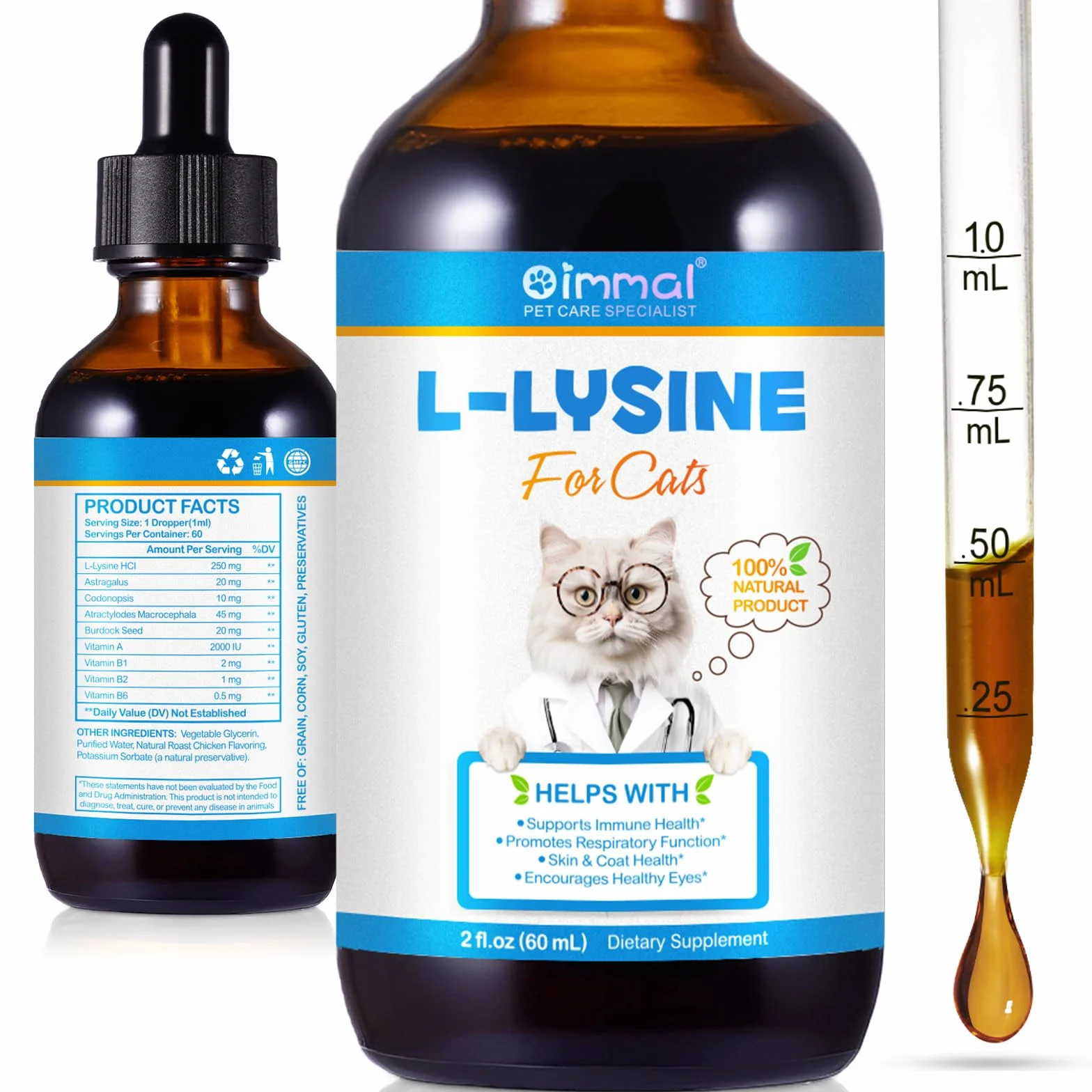 Lysin Cat - Gocce L-lisina per gatti, Supporta la salute del sistema immunitario, Allevia le allergie, favorisce la funzione respiratoria, mantiene la salute della pelle e del pelo 60 ml