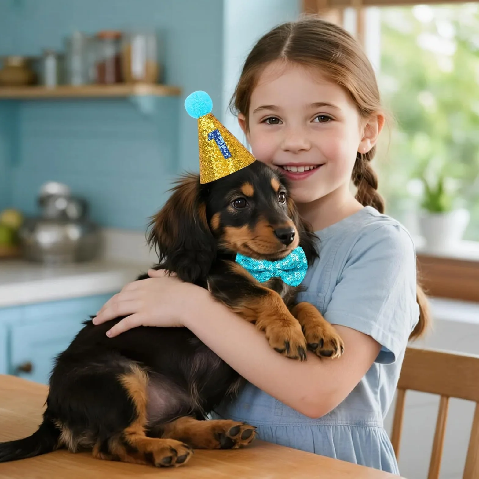 Cappello per Cani Compleanno Regolabile con Collare Papillon e Numero Blu, 3 Pezzi