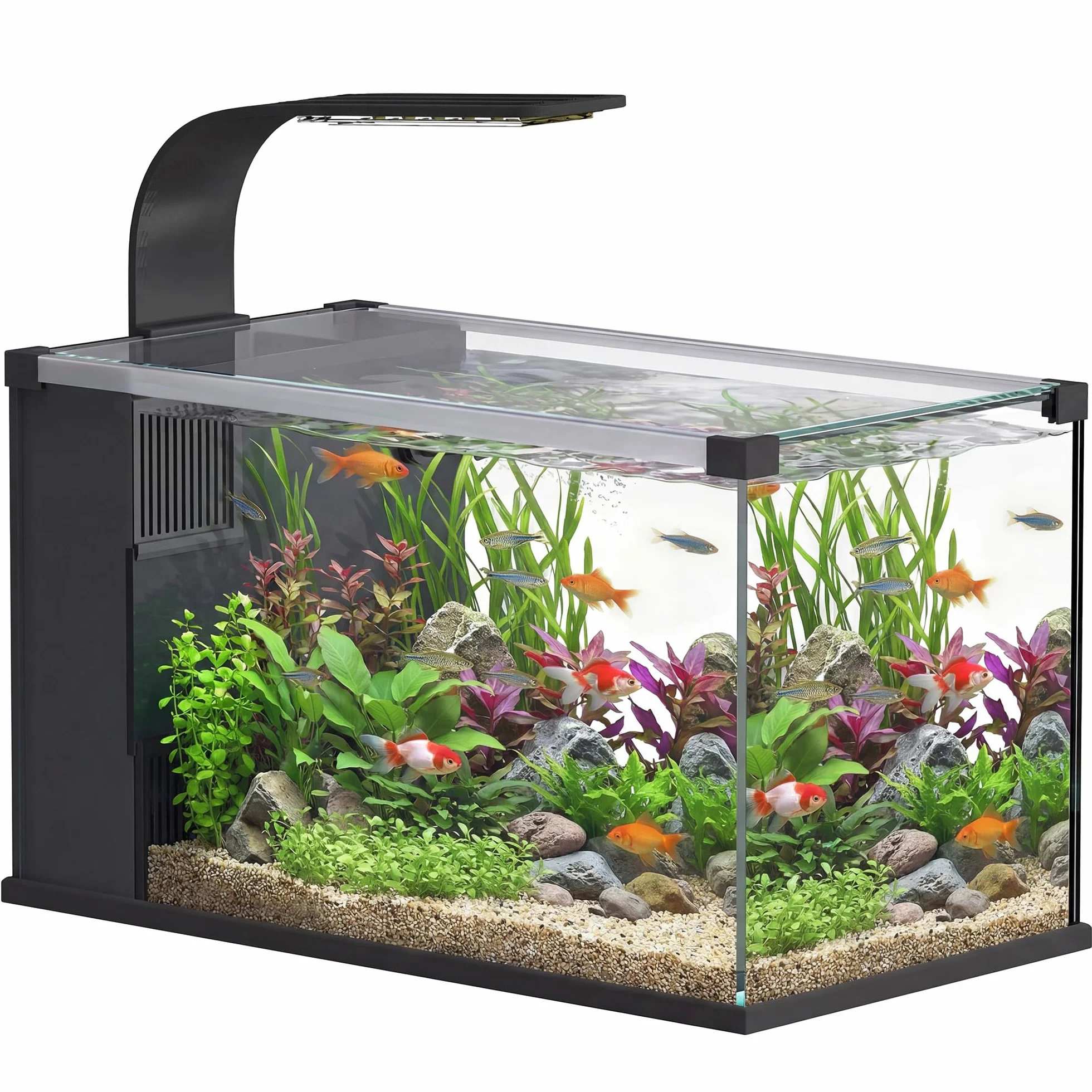 PawHut Acquario in Vetro Temperato 24L, Acquario Completo Piccolo Trasparente con Filtro Integrato, Luce LED e Pompa dell'Acqua per Pesci Tropicali, Pesci Rossi, Casa, Ufficio, 45x25x25.5 cm, Nero