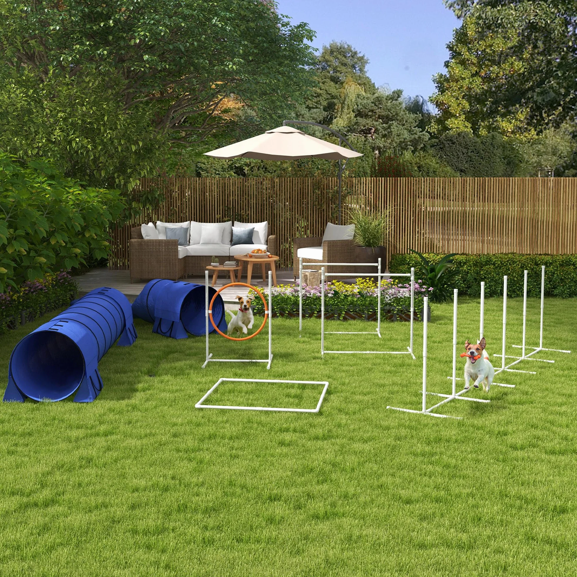 PawHut Set Agilty Dog 7 Pezzi con Fischietto, 2 Picchetti e 3 Sacchi di Sabbia, Percorso Agility Dog in Plastica e ABS con Borsa da Trasporto, 67x63x93 cm, Bianco Arancione Blu