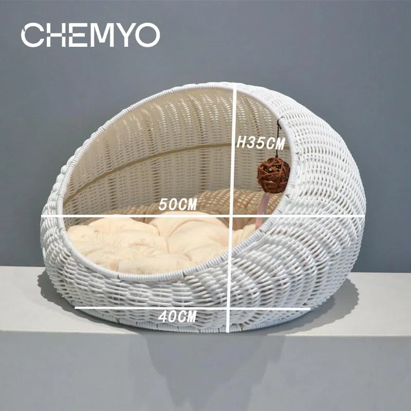 Cuccia per Gatti in Vimini, Cuccia per Gattini in Vimini, Cuccia in Rattan per Uso Interno ed Esterno, Cuccia Accogliente con Cuscino Morbido Lavabile 50x40x35 cm Beige