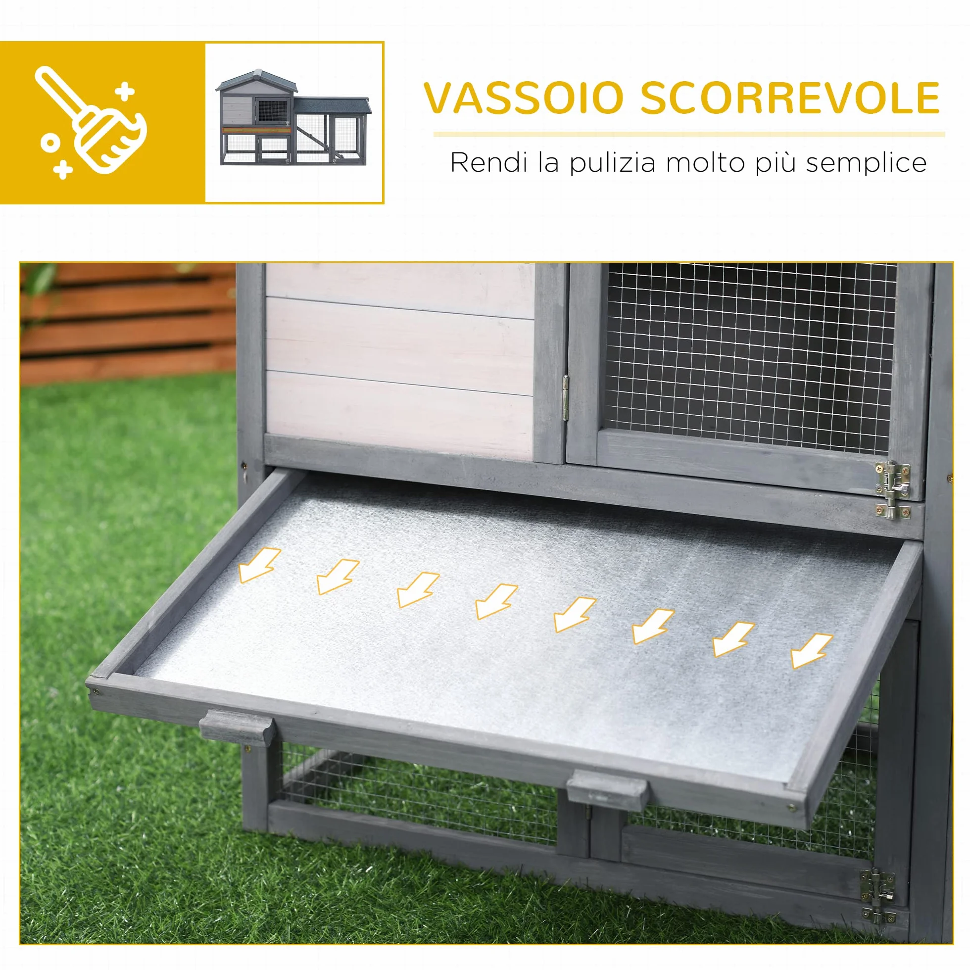 PawHut Conigliera Gabbia per Conigli in Legno da Esterno con Casetta, Spazio Aperto Recintato e Tetto 147x54x84cm