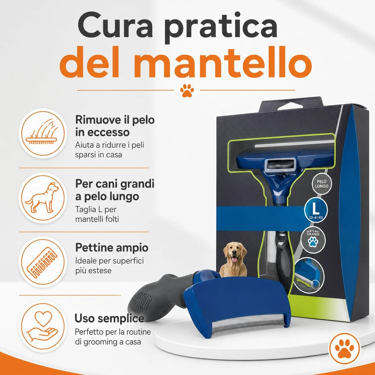 Strumento de-Shedding Cane L a Pelo Lungo, Spazzola Professionale per Cani Grandi da 24 kg, Rimuove Pelo Sottopelo in Eccesso con Pettine da 10 cm