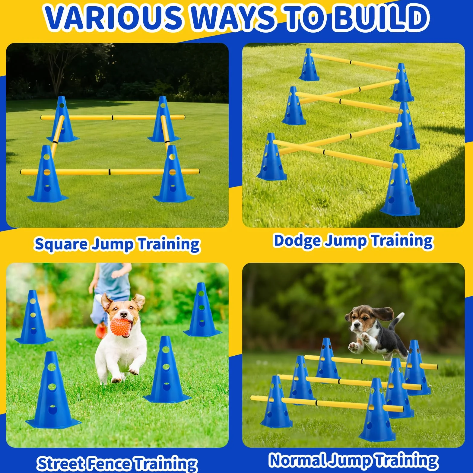 Agility Set per Cani Ostacoli per Bambini, Ostacoli per Cani con 8 Coni 32cm di Altezza + 8 Aste Lunghe 80cm, Set di Siepi Agility, per Cane Il Lavoro di Coordinamento