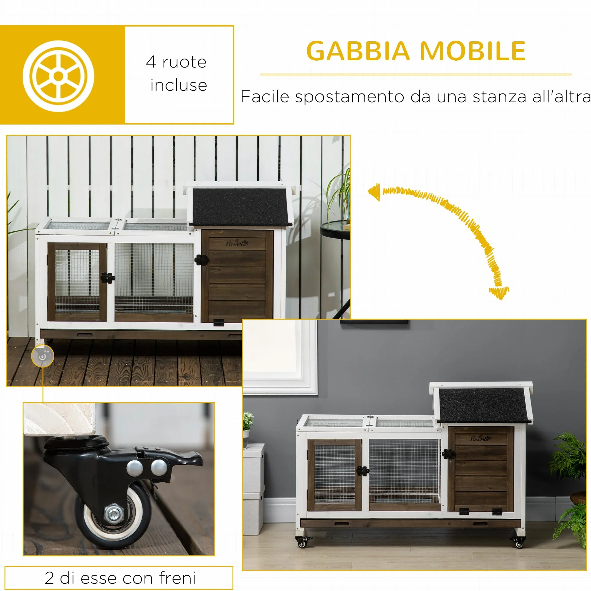 PawHut Conigliera in Legno da Interno ed Esterno con Ruote, Gabbia per Conigli con Casetta e Recinto, Tetto Apribile, Porte e Vassoio Estraibile, 108x58x73.5 cm, Marrone