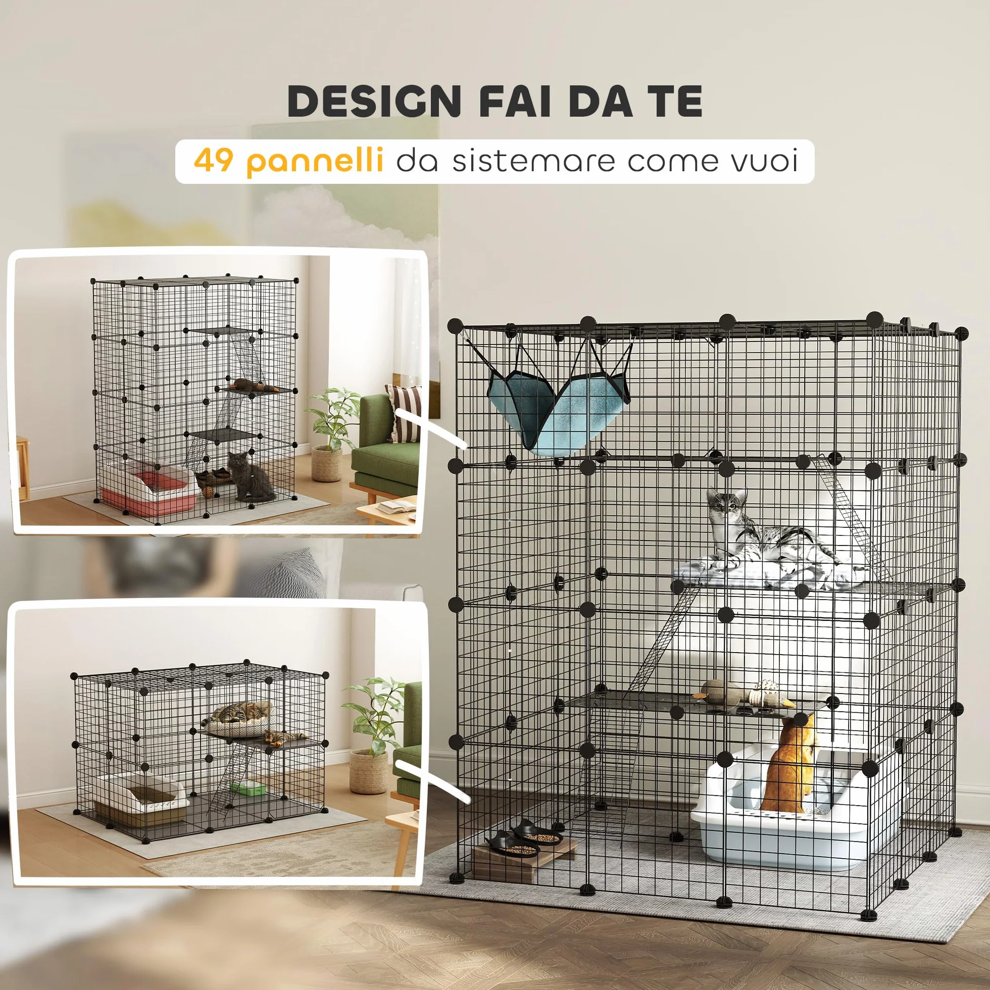 PawHut Gabbia per Gatti Modulabile a 4 Livelli con Rampe, 3 Piattaforme di Salto e 5 Porte, Casetta per Gatti con Tappetini Antiscivolo e Amaca in Acciaio e PP, per 1-3 Gatto, 105x105x140 cm, Nero
