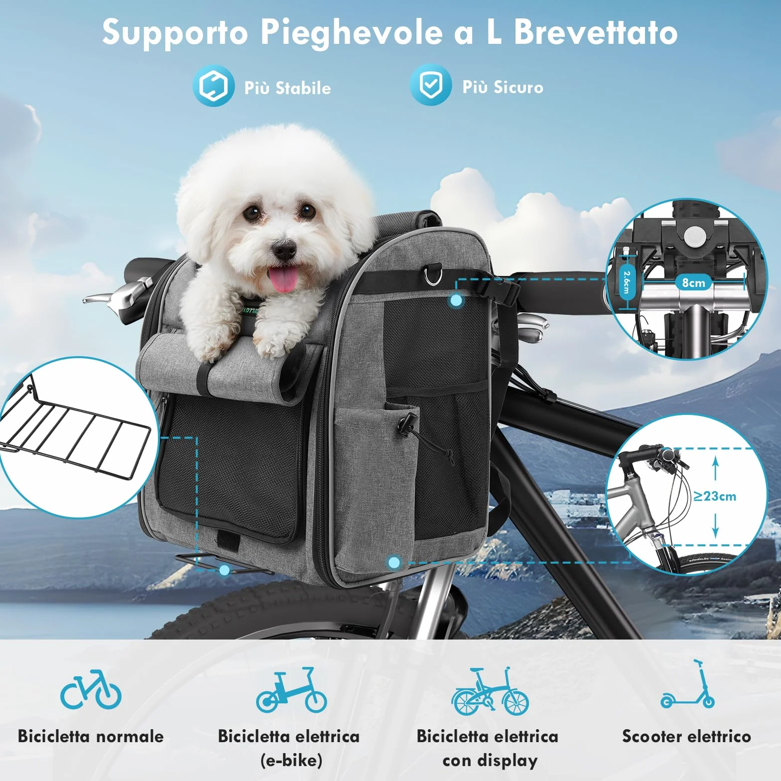 Cestino anteriore 4 in 1 per cani, zaino e seggiolino auto, carico 10 kg, supporto stabile a forma di L per biciclette elettriche (display < 8 cm), borsa per bicicletta pieghevole