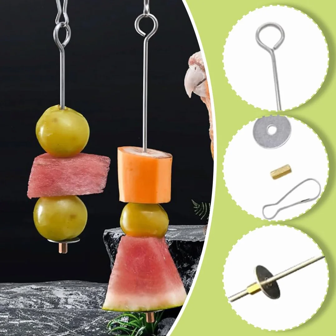 4 Pezzi Spiedino Portafrutta per Pappagalli, Mangiatoia per Pappagalli, Accessorio Appeso alla Gabbia per Foraggiamento del Cibo, Portafrutta per Uccelli, Giochi per Pappagalli, Acciaio Inox