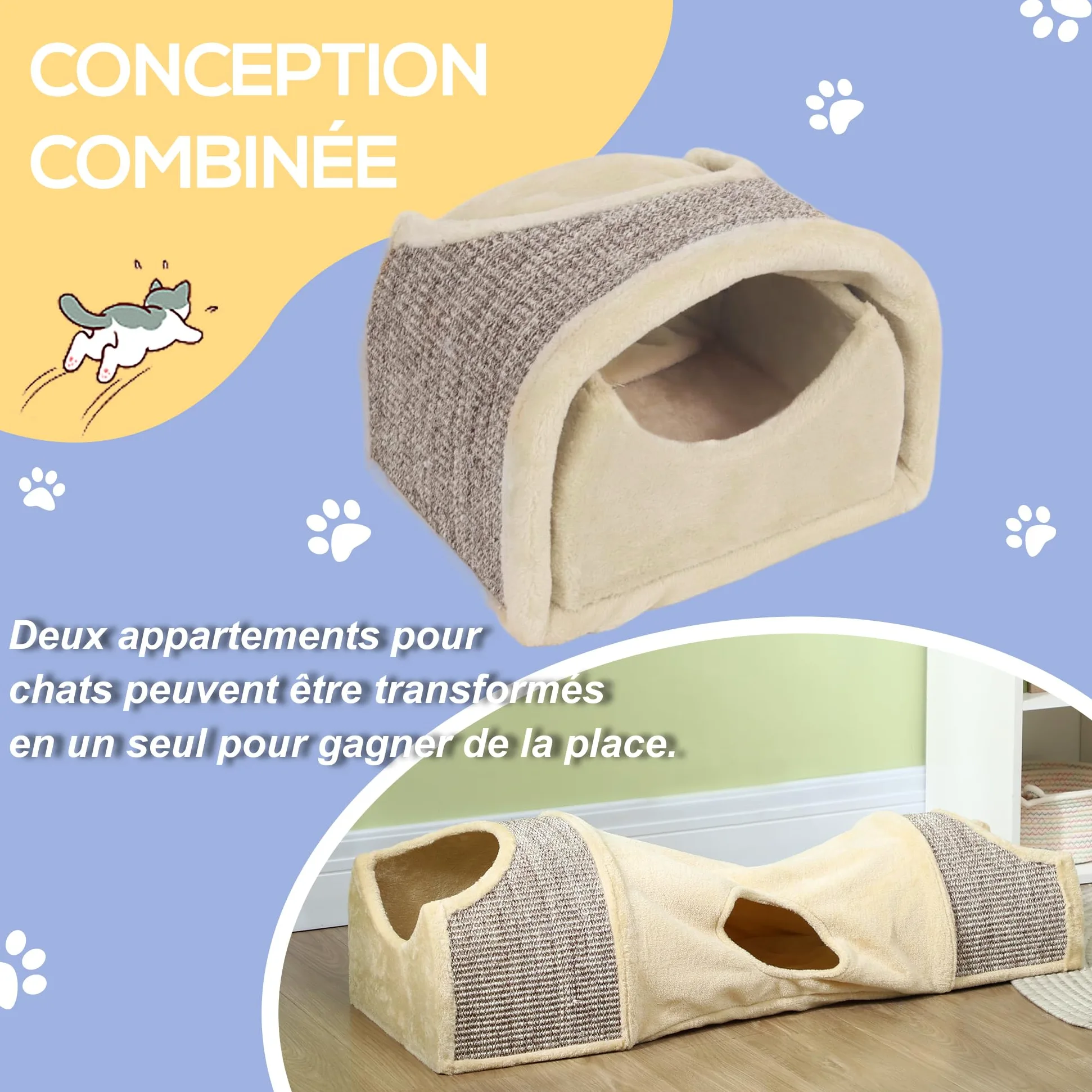 PawHut Tunnel per gatti in peluche 107x38x29 cm Beige+Grigio | Con 2 case, 3 aperture, Tunnel da gioco pieghevole (sisal), Design combinato