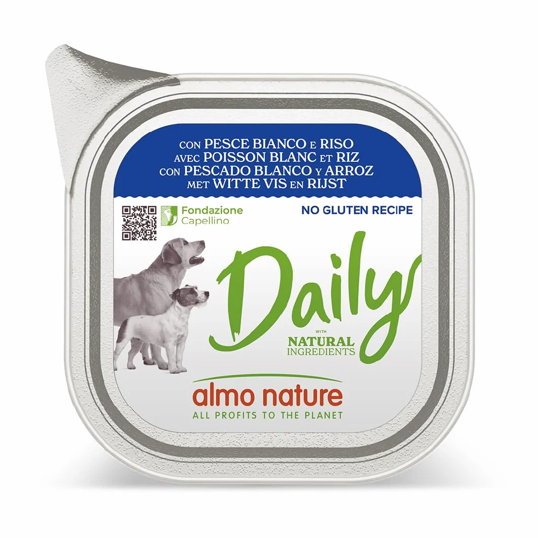Almo Nature Daily, Alimento Umido per Cani Adulti con Pesce Bianco e Riso - 100g, Confezione da 32
