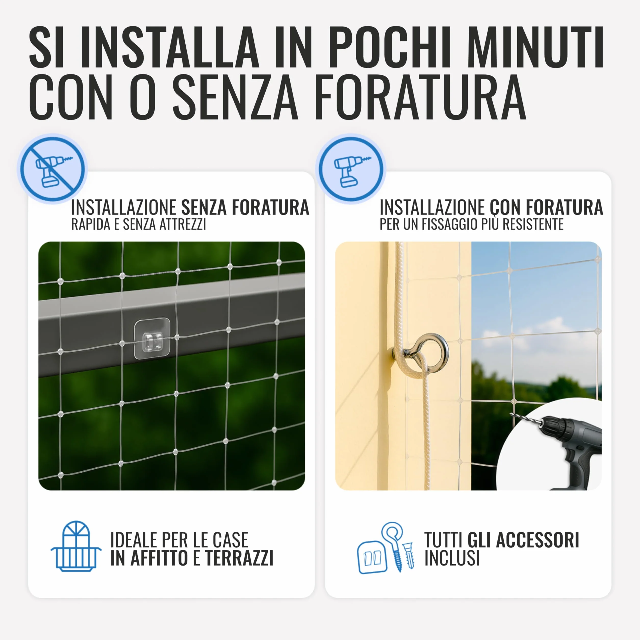 Rete per Gatti Balcone 8x3m – Trasparente | Rete Protezione Gatti con Installazione Senza Trapano o con Trapano | Kit Completo Incluso | Rete Gatti Finestra