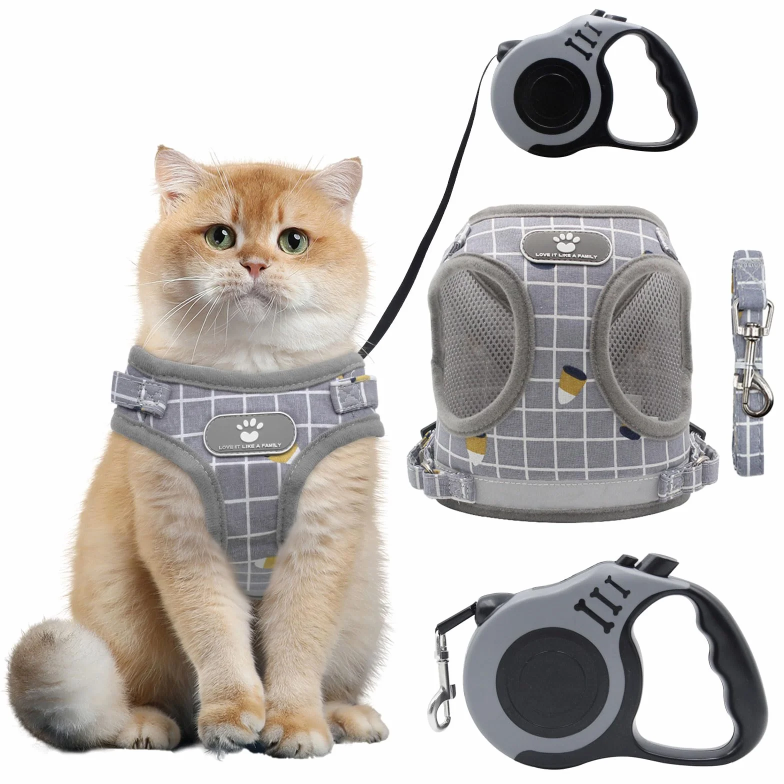 Set pettorina e guinzaglio gatto catarifrangente rete traspirante regolabile 5 m grigio S