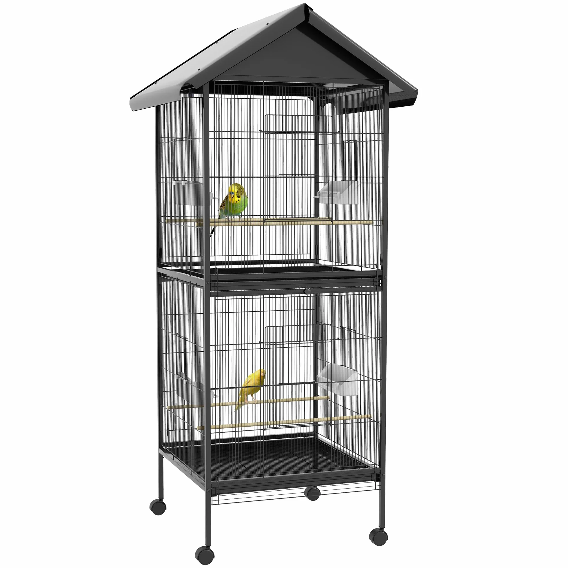 PawHut Voliera per Uccelli a Rotelle con Vassoi Estraibili in Plastica e Posatoi, Gabbia per Canarini in Metallo, 168 cm, Nero