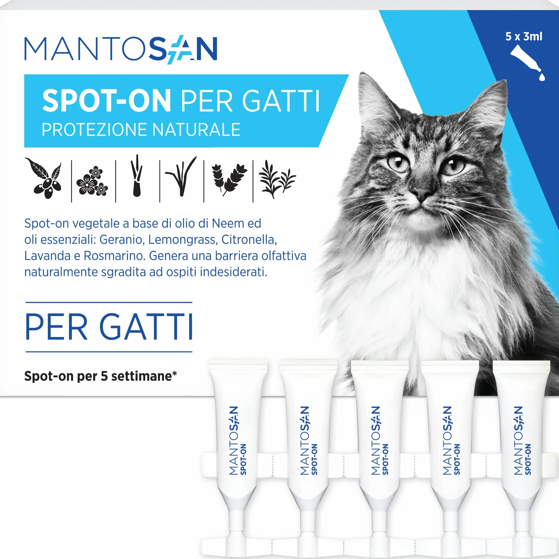 Mantosan Spot-On Vegetale per Gatti 5 Pipette da 3ml Protezione Naturale con Olio di Neem Ozonizzato e Oli essenziali di Geranio, Citronella, Lemongrass, Lavanda e Rosmarino - Nuova Formula