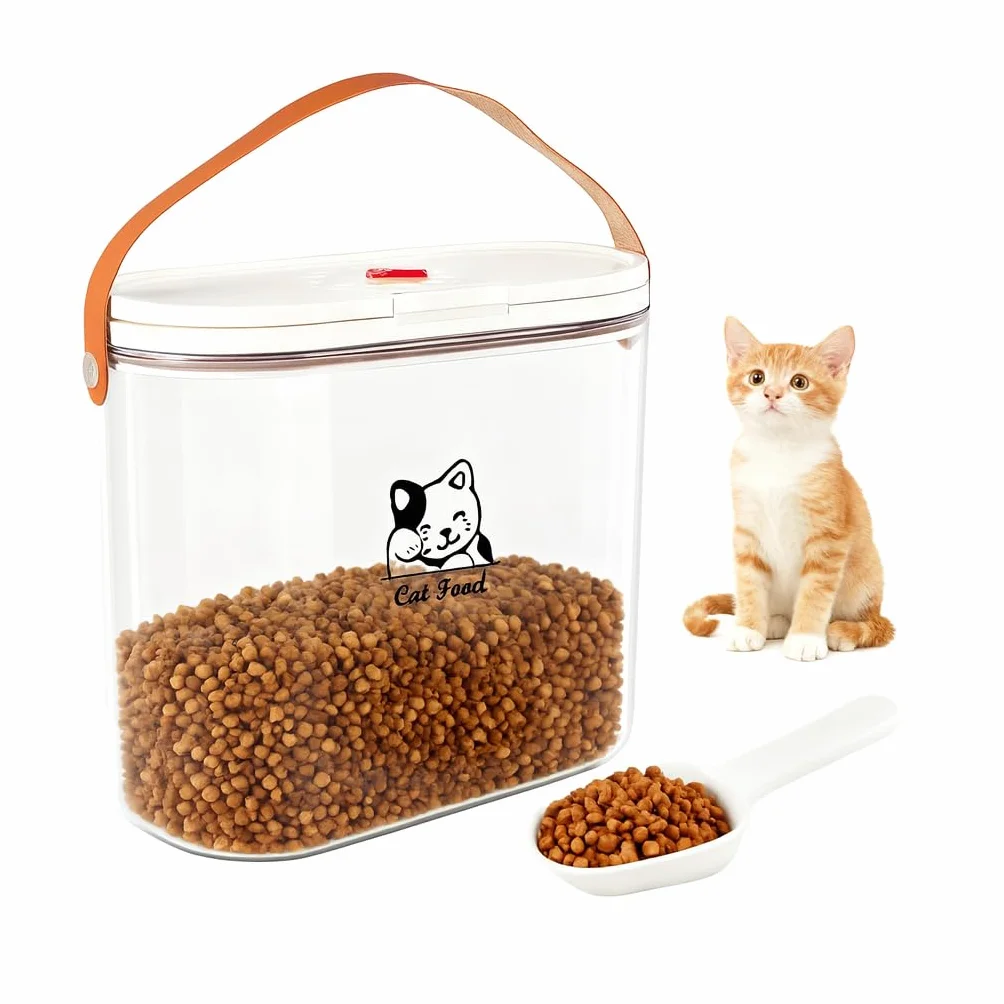 Contenitore per cibo per gatti da 7 lbs con manico e cucchiaio dosatore – Contenitore per cibo per cani in plastica trasparente – Senza BPA – Contenitore per cibo esterno per snack e cibo secco