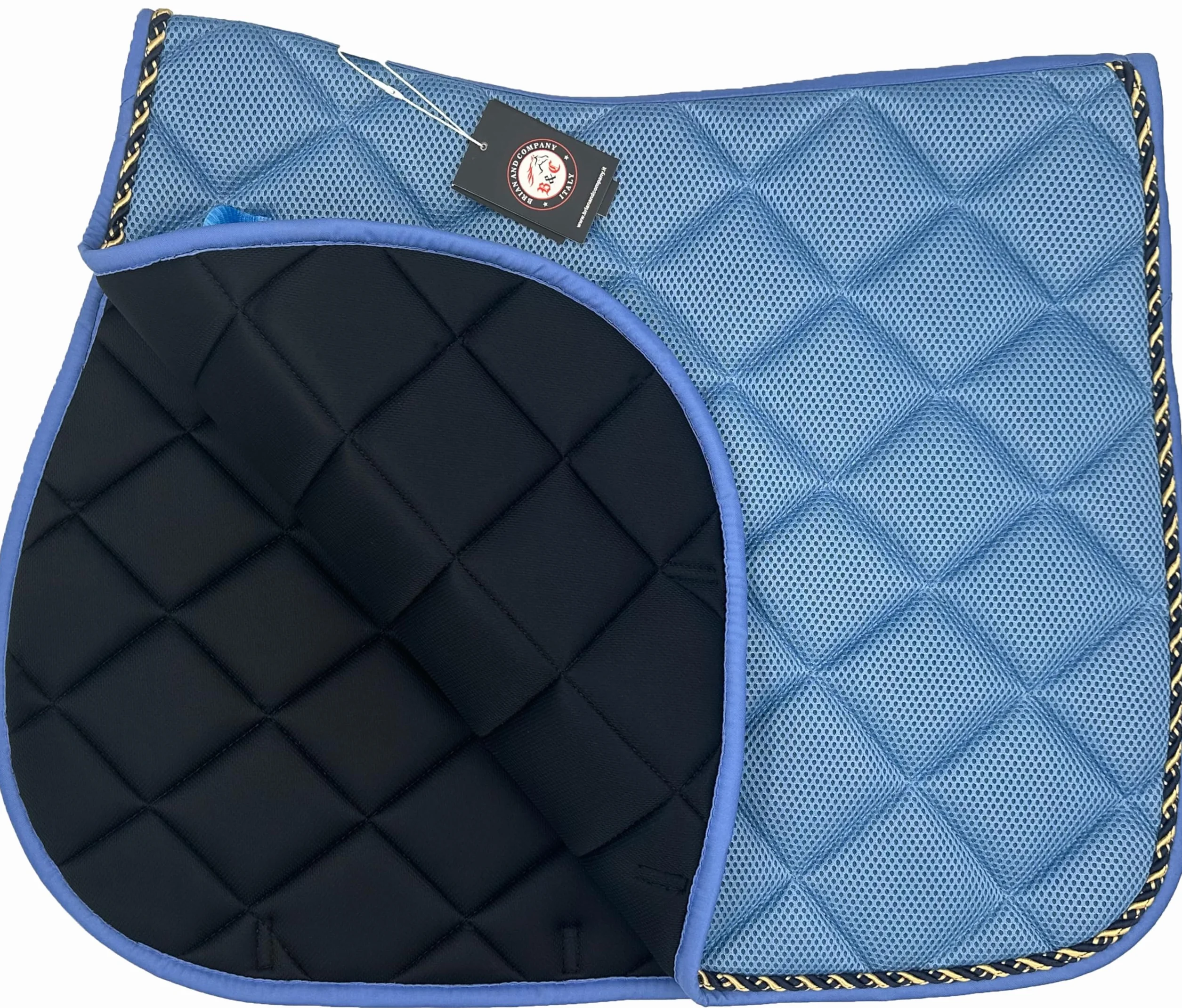 Sottosella Equitazione Traspirante, Lacci di Posizionamento con Chiusura a Strappo, Bordatura Elegante in Cordina Inglese, Completo di Cuffia Coordinata (AZZURRO, FULL)