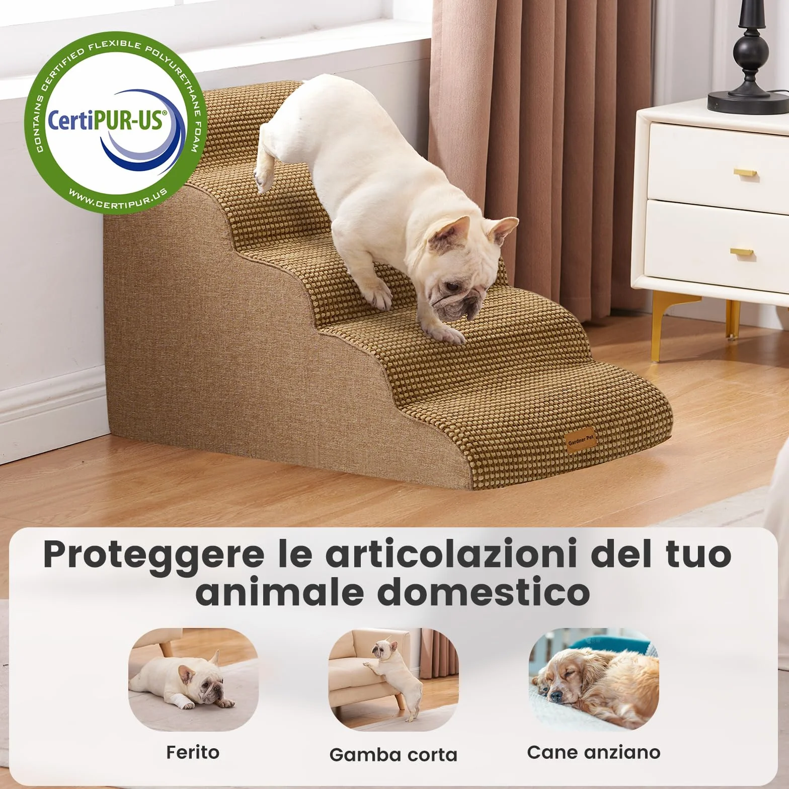 Gardner Pet Scala per Cani Piccoli 5 Gradini, Scaletta per Cani Lavabile Alta 55 cm, Rampina in Schiuma con Rivestimento Antiscivolo e Impermeabile per Letto, Divano e Auto, Marrone