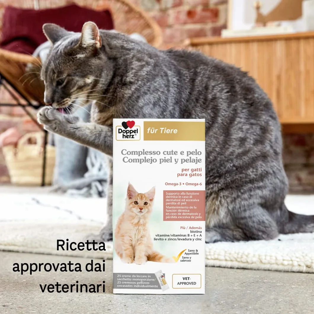 Doppelherz Complesso Cute e Pelo per Gatti, Supporto alla Funzione Dermica in Caso di Dermatosi ed Eccessiva Perdita di Peli, omega-3+6, biotina, vitamine B+E+A, 25 Creme da Leccare
