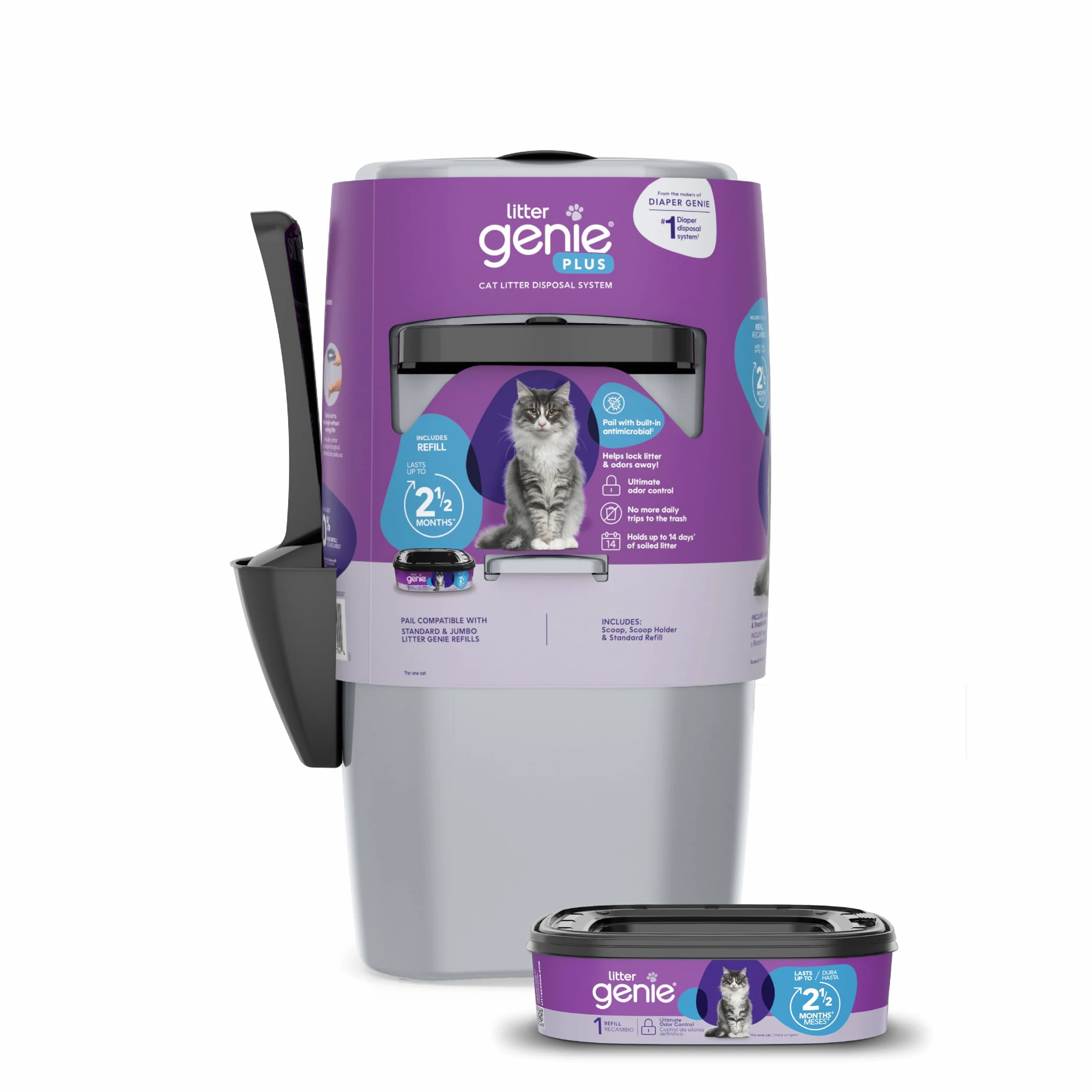 Litter Genie, Argento Secchiello, Ultimate Sistema di smaltimento della lettiera per Gatti, blocca Gli odori, Include Una Ricarica, Metallo, 17 Deep And "8x8 Across