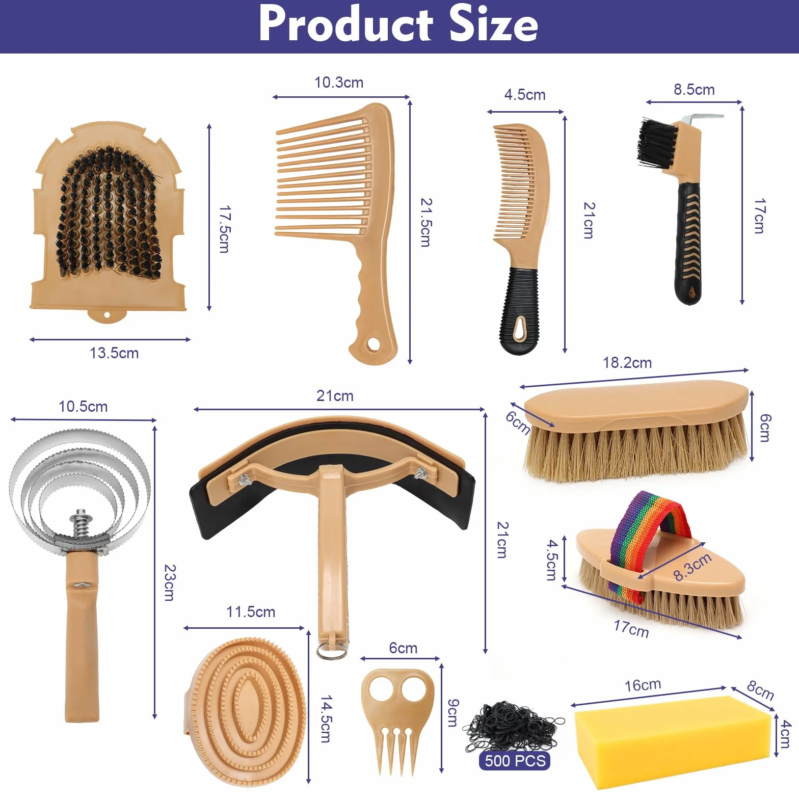 Kit per la toelettatura del cavallo da 13 pezzi con 12 accessori e 1 borsa portaoggetti, Serie Horse Care, Giallo, Spazzole per cavalli, Spazzole in setola, Toelettatura del cavallo