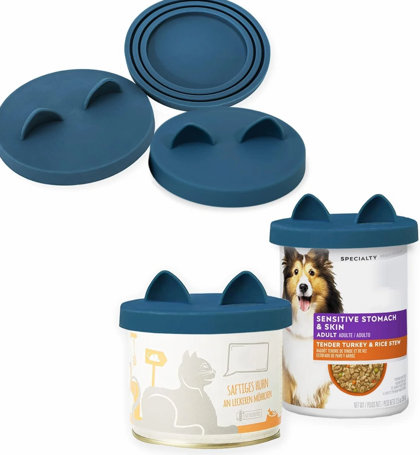 OHMO Coperchi Universali in Silicone per Alimenti per lattine per animali domestici, Adatti per lattine per alimenti per animali domestici, Senza BPA, Confezione da 3, Blu