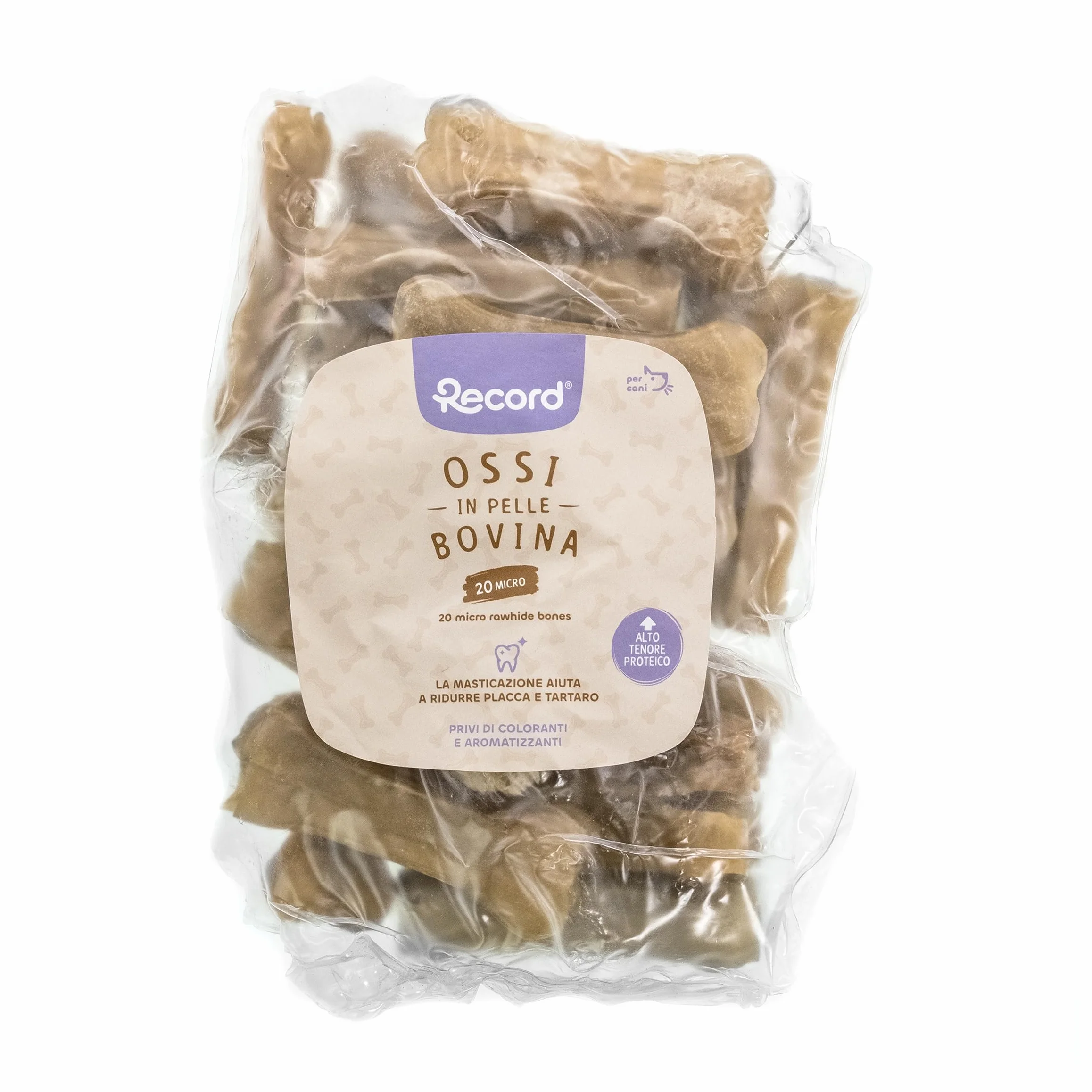 Snack per Cani in Pelle Bovina 20 Ossi Termoretratti da 8 cm Masticativi Naturali