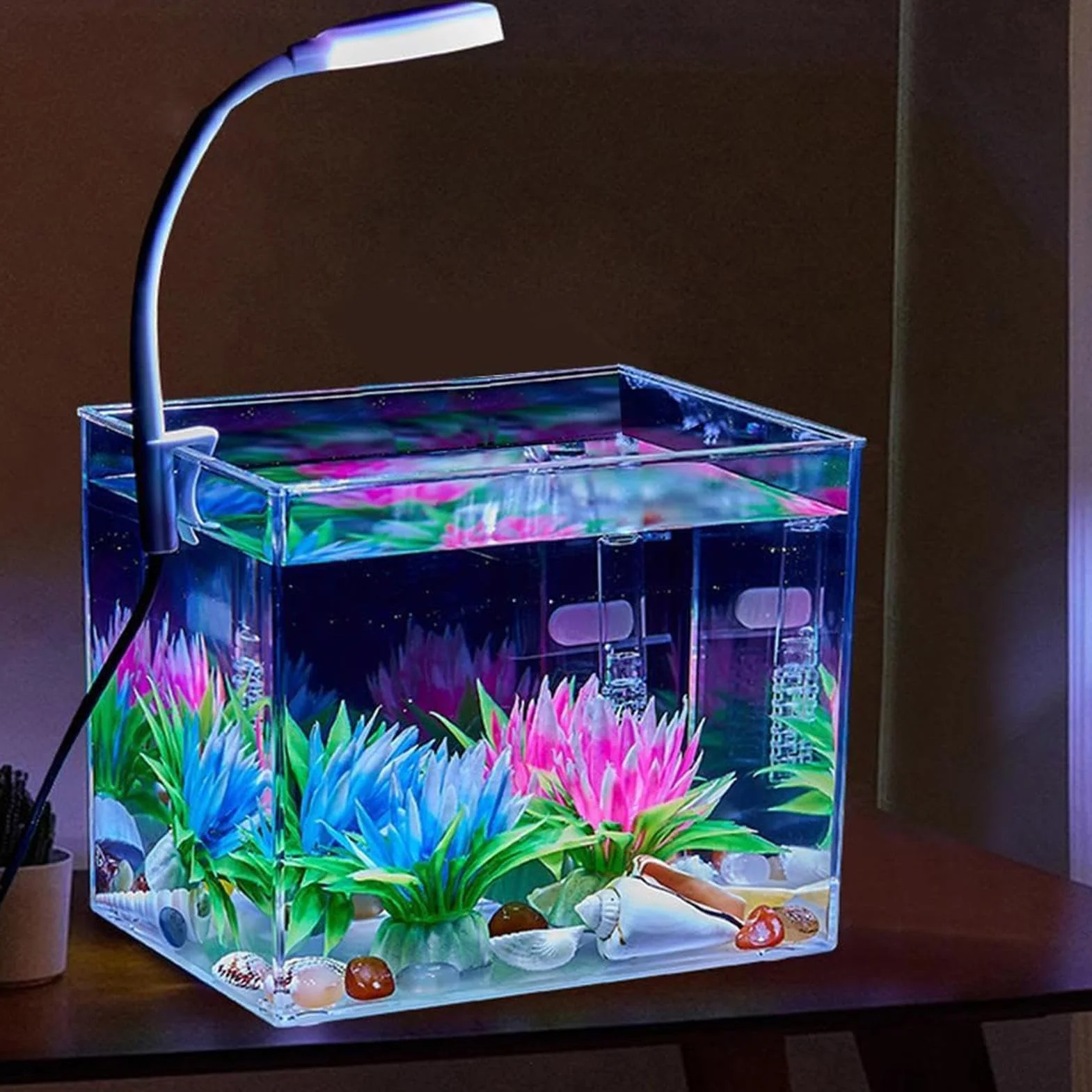 Mini Acquario, con a Clip, Base Trasparente Antiscivolo, Acquario da Tavolo per Pesci Betta, per Casa Camera da Soggiorno Appartamento Adulti e Bambini Acquariofilia Visione