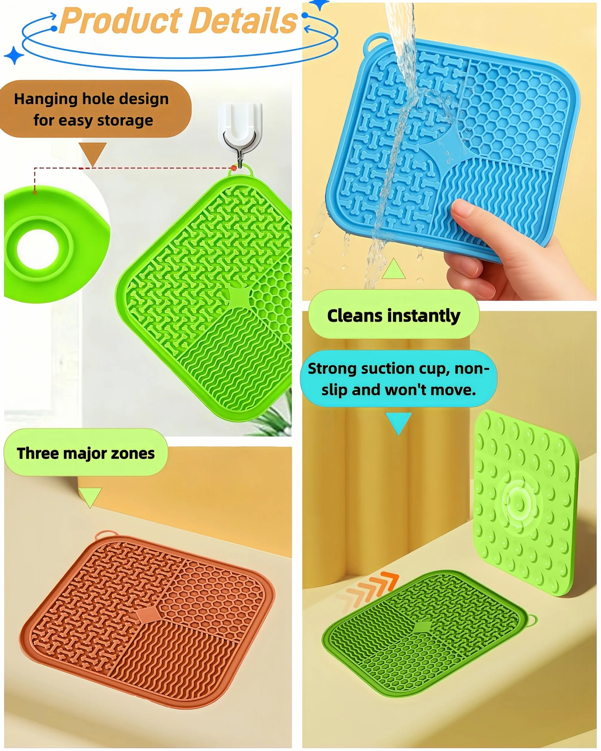 Confezione da 2 tappetini per cani e gatti, in morbido silicone, forte ventosa, divisori multifunzionali per alleviare l'ansia (arancione e blu)