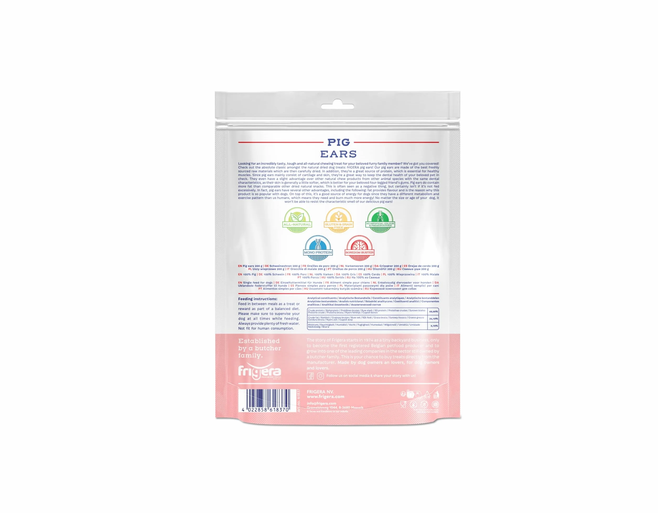 Frigera Orecchie di maiale 200 g – Deliziosi naturali ricchi di proteine per cani, senza glutine e cereali, a lunga durata.