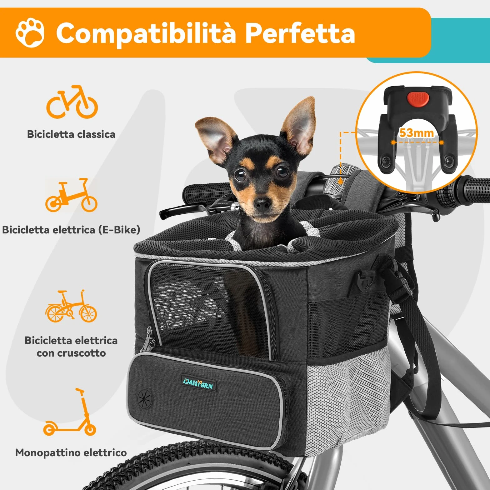 DAISTERN di BSWAY Cestino Anteriore Bici per Cani fino a 4KG, Cesta Cani Bicicletta con Supporto U, 4 in 1 Multifunizioni Zaino Borsa a Spalla Seggiolino Auto con Finestre Rete, Cuscino Impermeabile