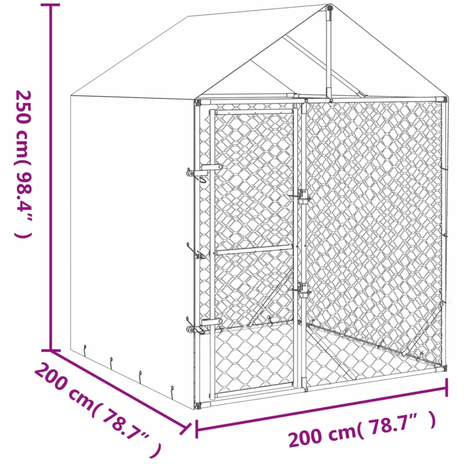 Gabbia per Cani con Tetto Kennel per Cani da Esterno Recinto per Cani da Esterno a Maglie in Acciaio Zincato con Porta con Serratura Argento-2 x 2 x 2.5 m