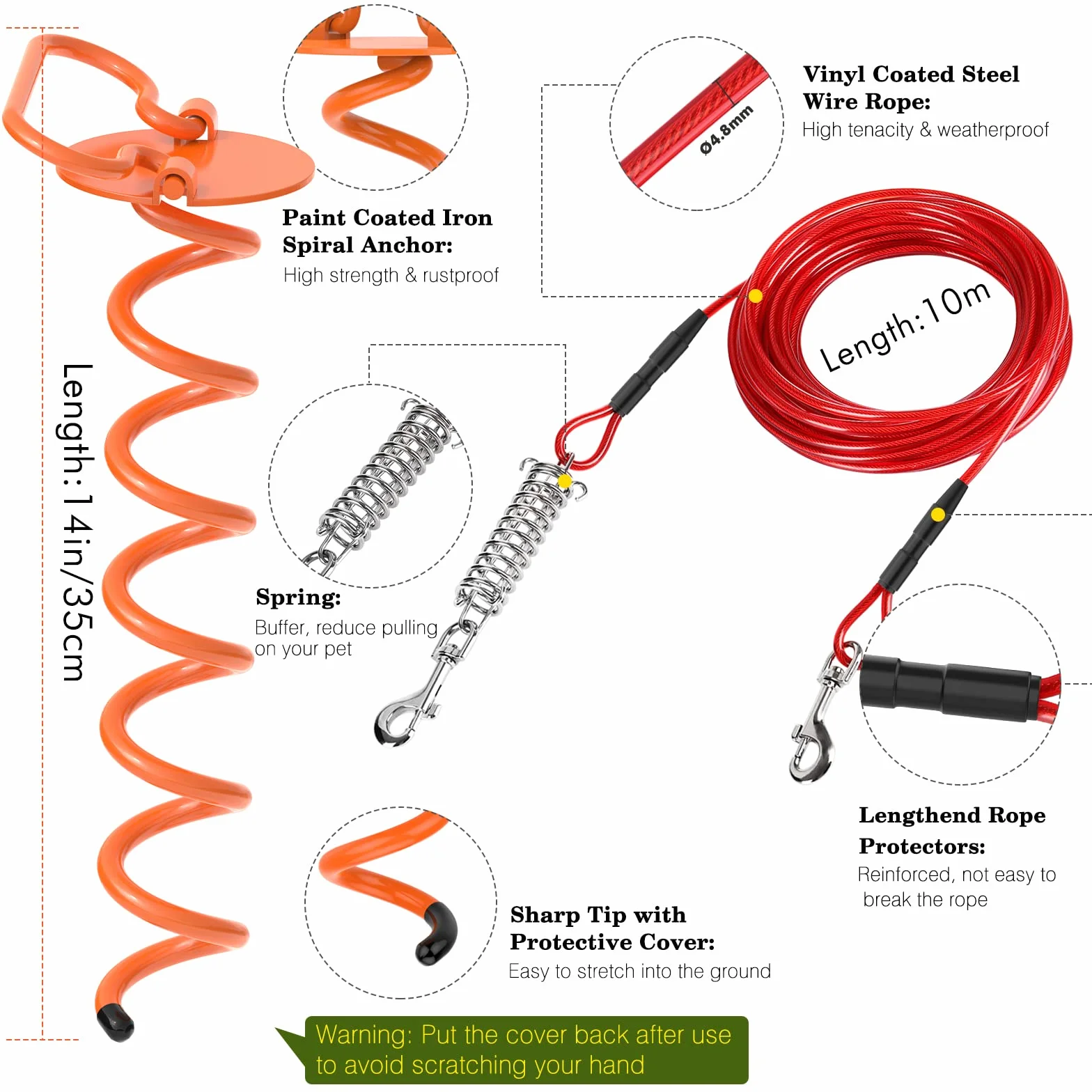 VavoPaw Picchetto a Spirale con Guinzaglio da 10m, Paletti per Catene per Cani in Acciaio Inossidabile Kit Guinzaglio per Cani fino a 45KG Ancoraggio a Terra per Esterno, Cortile, Campeggio, Rosso