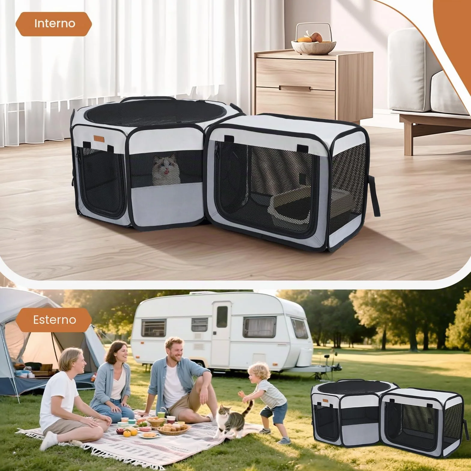 Recinto per Gatti da Interno - 120 cm x 40 cm Portatile, Recinto Gatti 2 in 1 per Interno ed Esterno, Ideale per Cuccioli e Piccoli Animali, Box per Cat con Borsa Trasporto