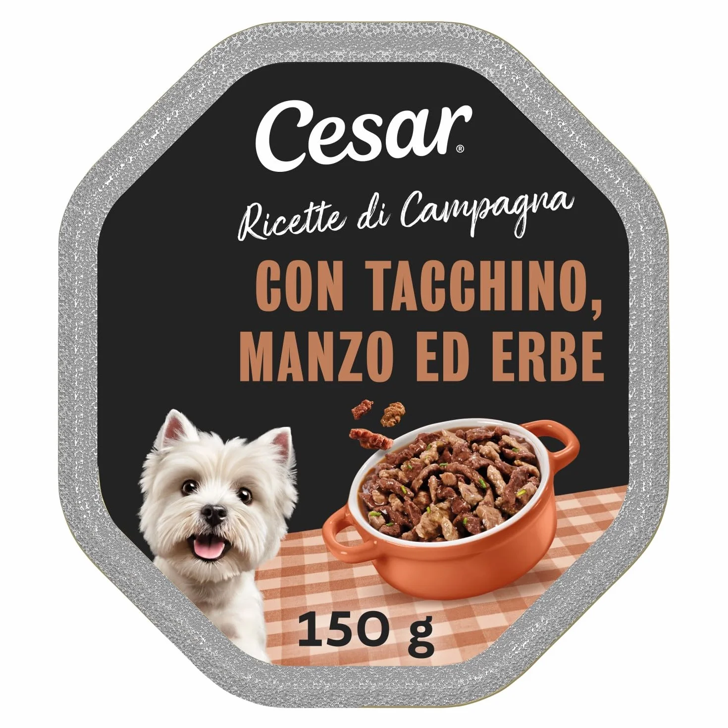 Cesar Ricette di Campagna Cibo per Cane con tenero Tacchino, Manzo ed Erbe 150 g - 14 Vaschette