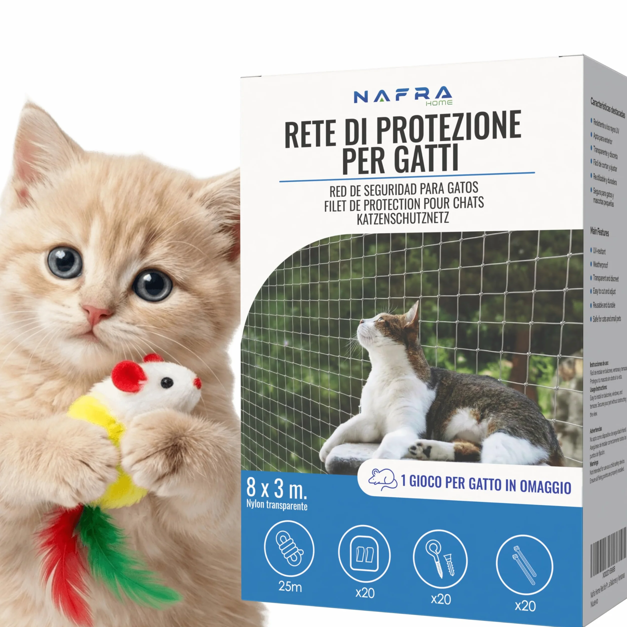 Rete per Gatti Balcone 8x3m – Trasparente | Rete Protezione Gatti con Installazione Senza Trapano o con Trapano | Kit Completo Incluso | Rete Gatti Finestra
