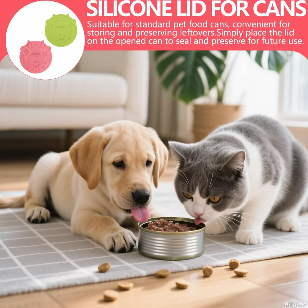 Coperchi 3-in-1 in silicone motivo Maneki-Neko – universali per scatolette gatti/cani, set da 2 (rosso, verde)