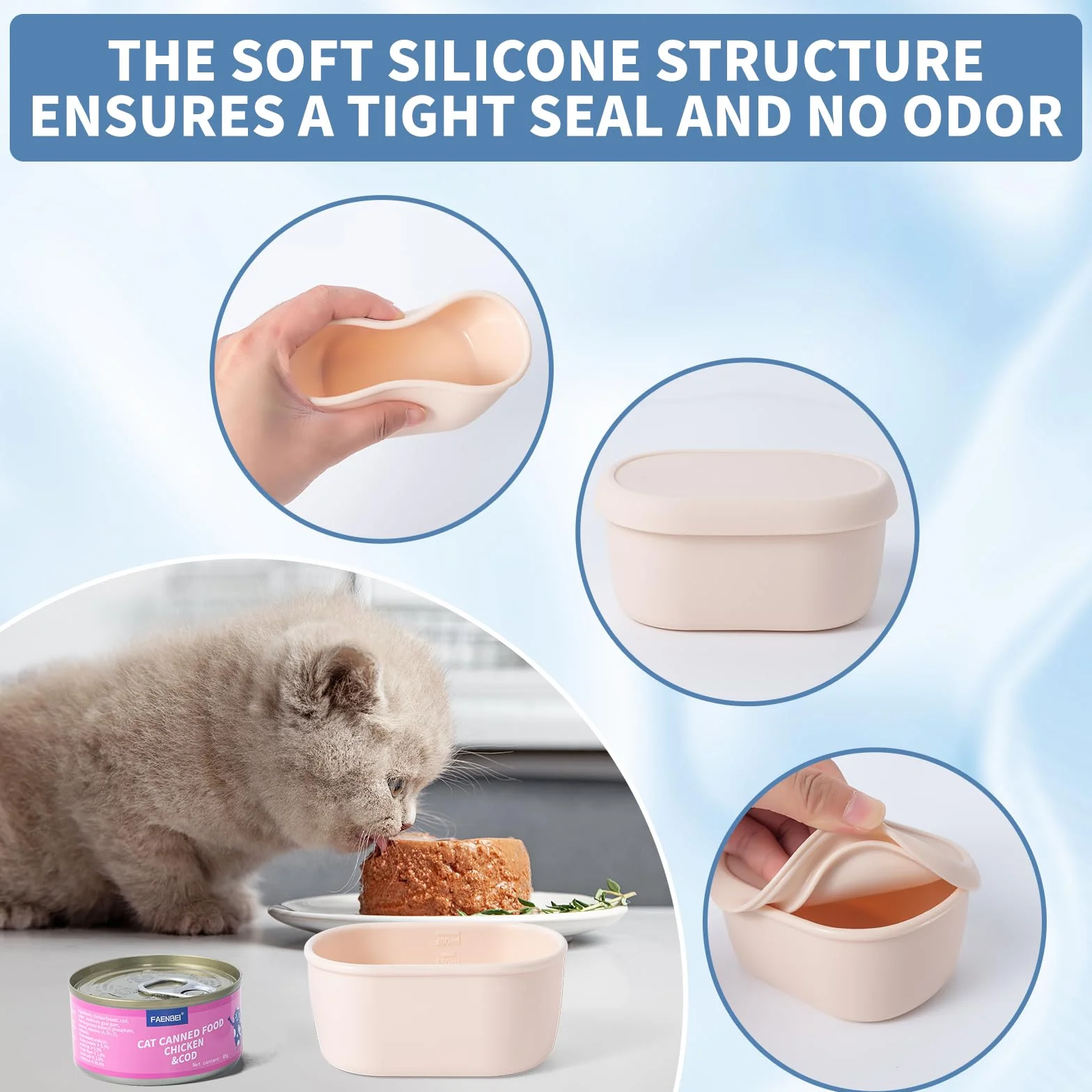 SLSON 2 contenitori per alimenti per gatti, in silicone, per lattine da 70 g a 85 g, 65 mm, coperchio per lattine da 65 mm