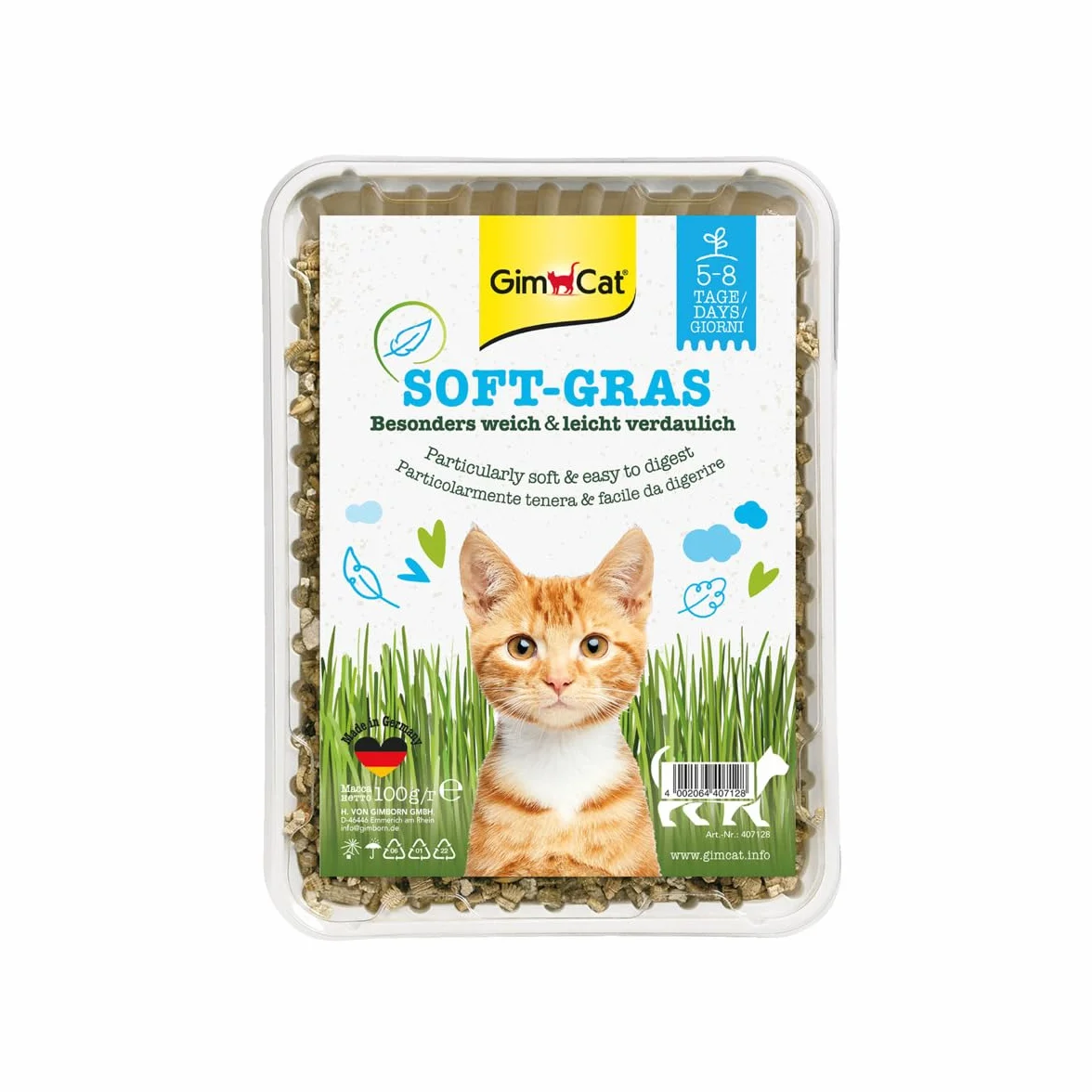 GimCat Soft-Gras, Erba per gatti tenera e ricca di vitamine con coltivazione rapida in soli 5-8 giorni, 1 vaschetta, 1 x 100 g