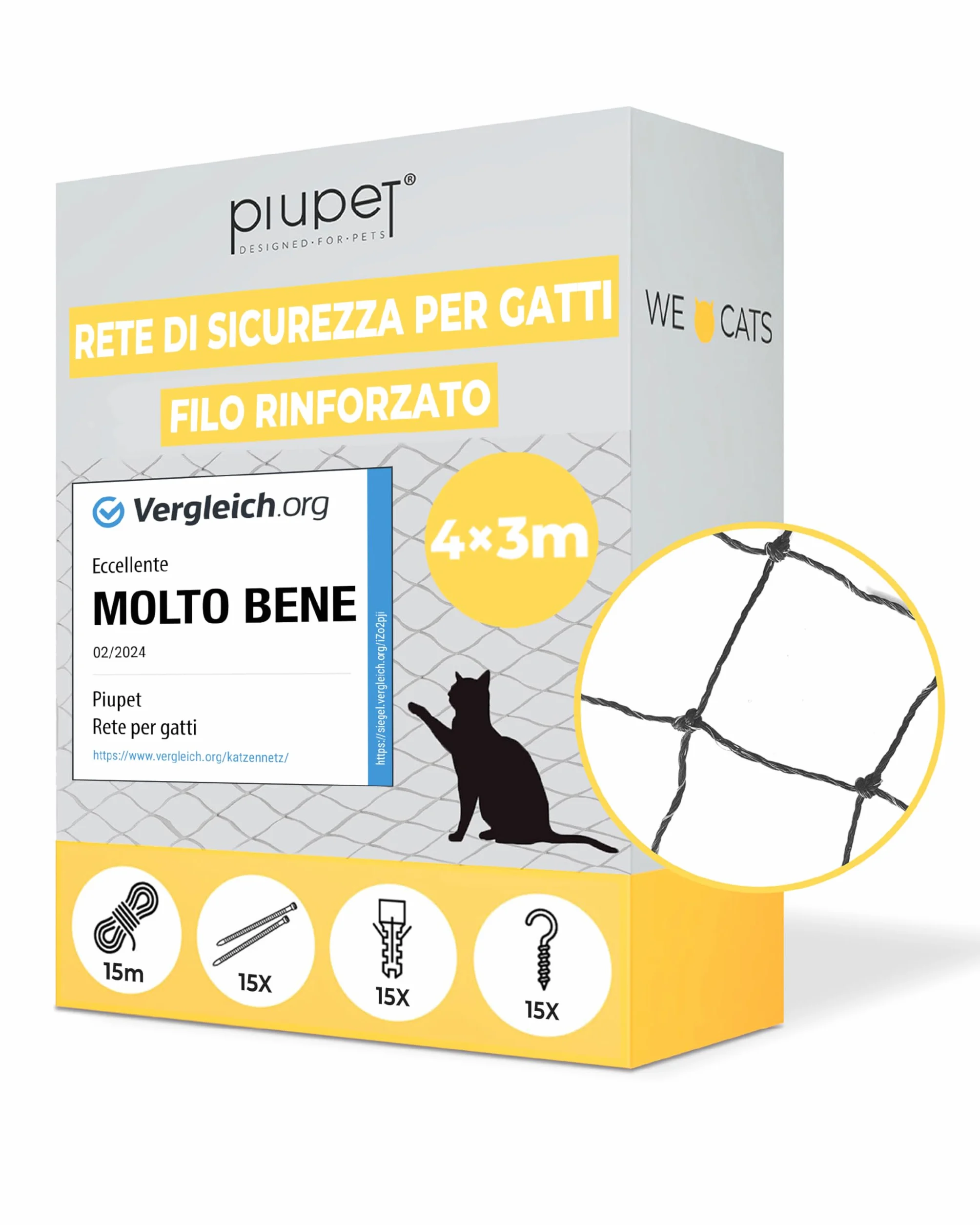 PiuPet® Rete per Gatti I Rinforzata I 4x3m I Incl. Corda di Fissaggio I Rete per Gatti Balcone | Rete per Balcone Esterno