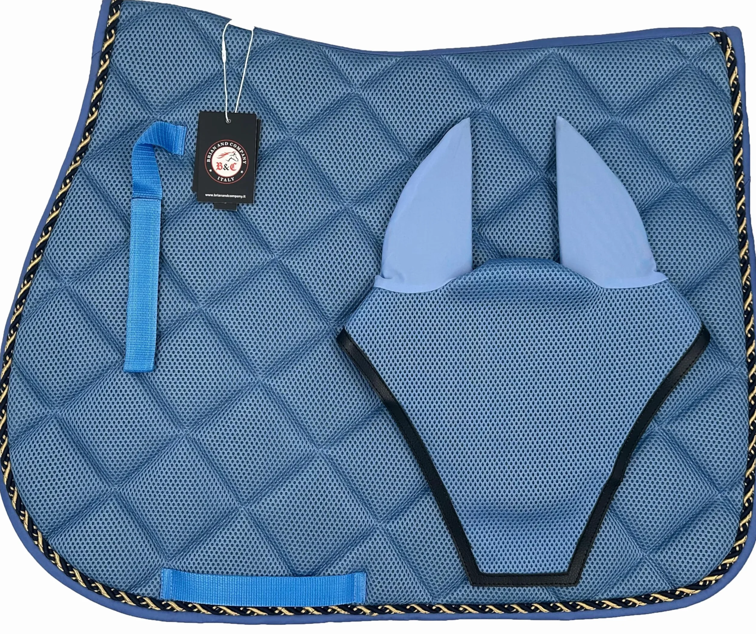 Sottosella Equitazione Traspirante, Lacci di Posizionamento con Chiusura a Strappo, Bordatura Elegante in Cordina Inglese, Completo di Cuffia Coordinata (AZZURRO, FULL)